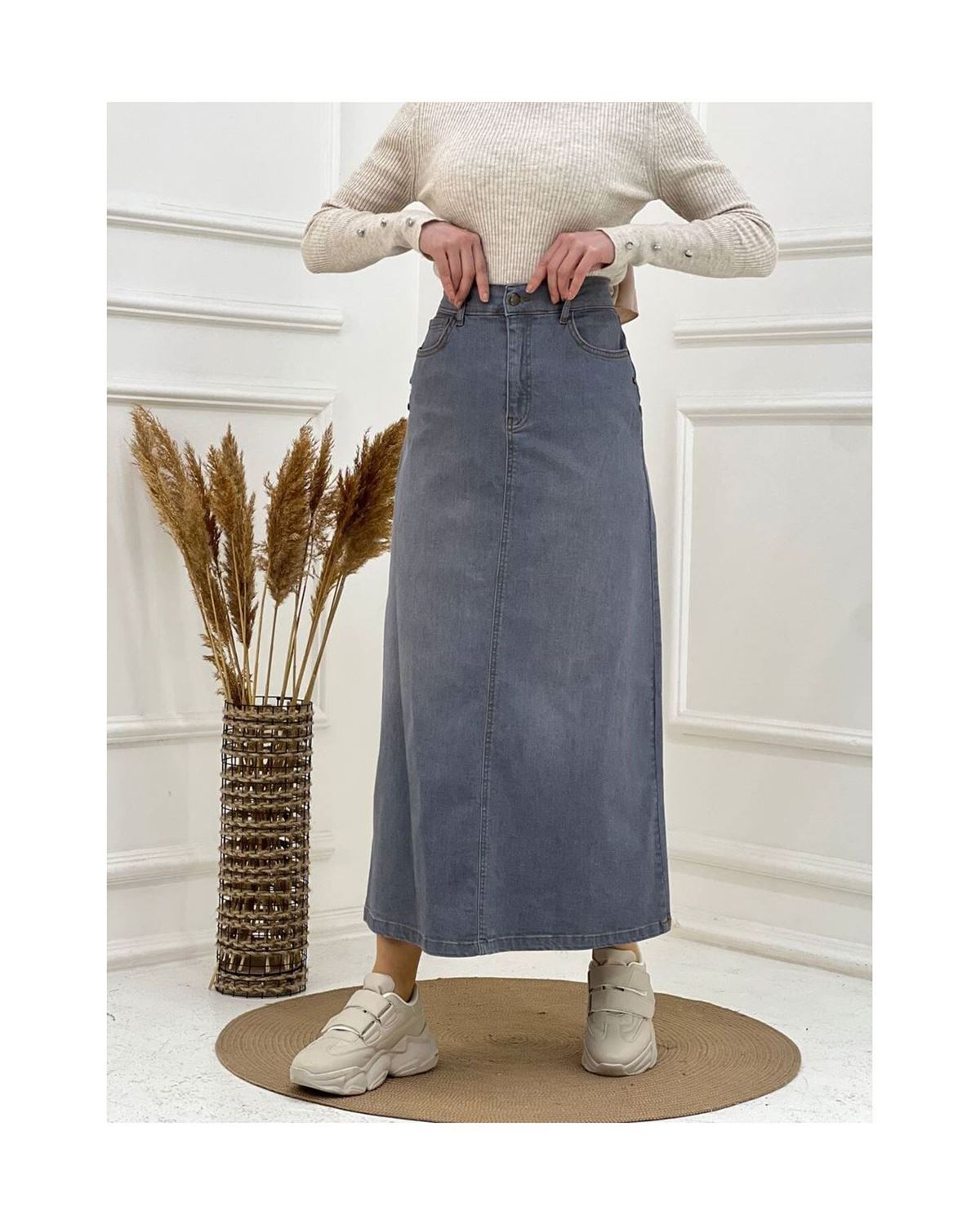 Doğal Kumaşlı Yıldız Rivetlı Kot Etek Gri