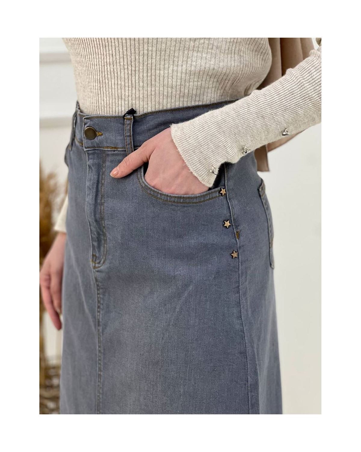 Doğal Kumaşlı Yıldız Rivetlı Kot Etek Gri