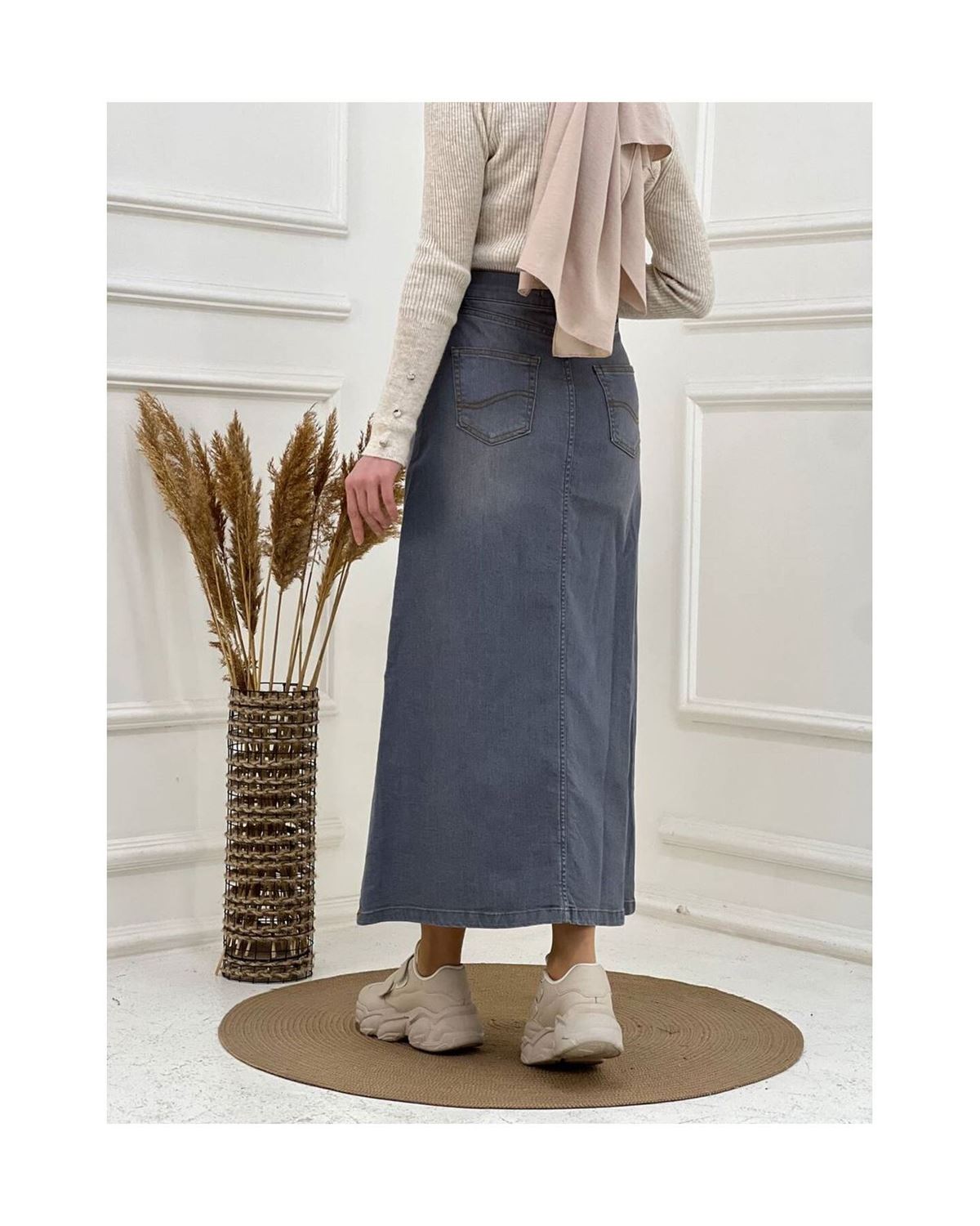 Doğal Kumaşlı Yıldız Rivetlı Kot Etek Gri