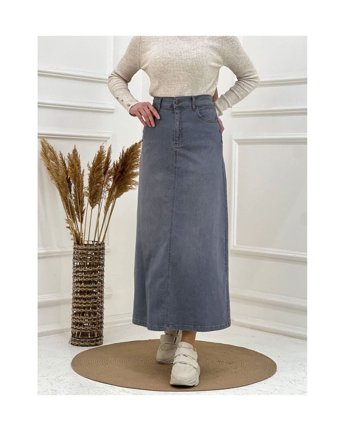 Doğal Kumaşlı Yıldız Rivetlı Kot Etek Gri