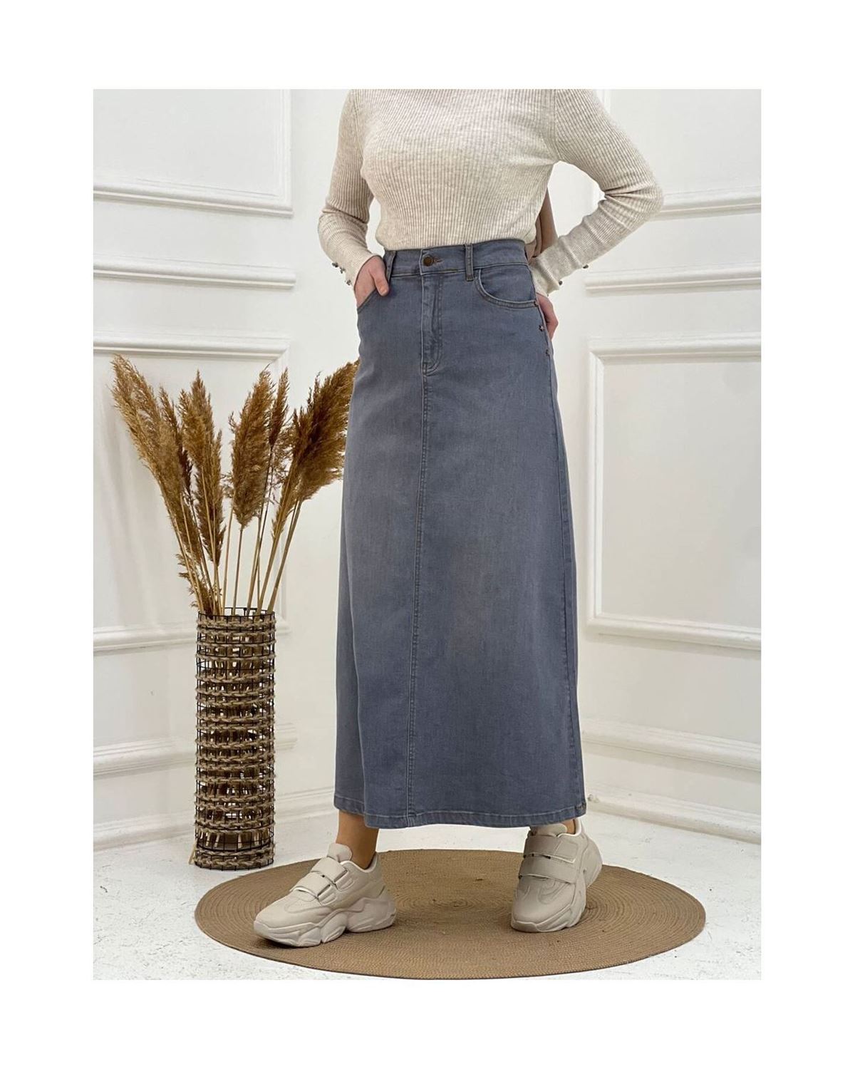 Doğal Kumaşlı Yıldız Rivetlı Kot Etek Gri