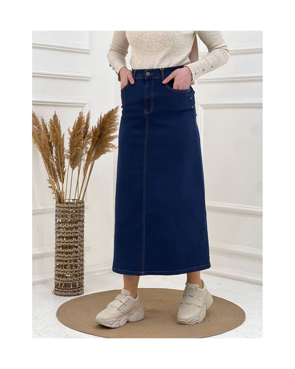 Natural Fabric Star Rivet Denim Skirt Navy