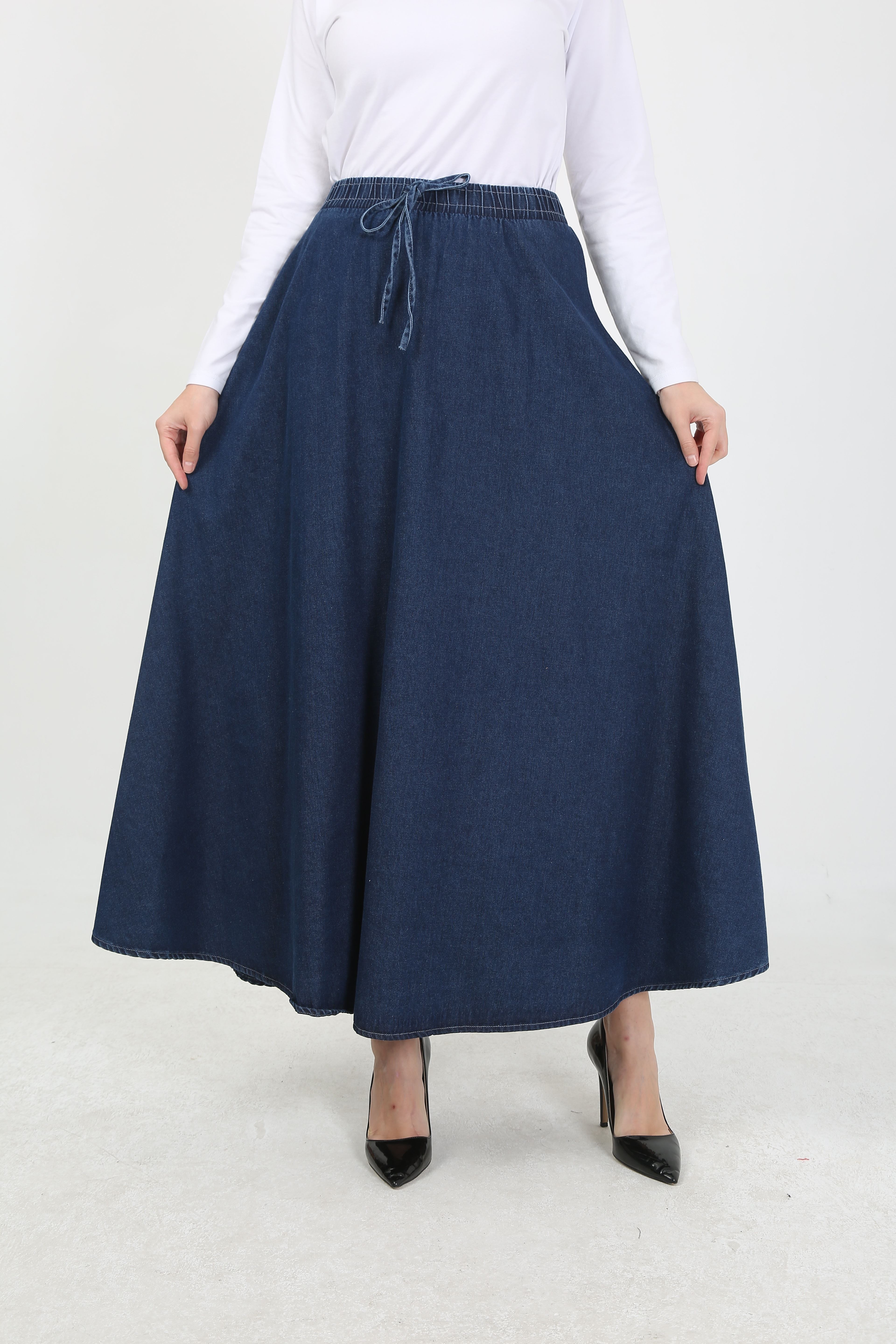 BELİ LASTİKLİ İPLİ KOT KLOŞ ETEK  KOYU MAVİ