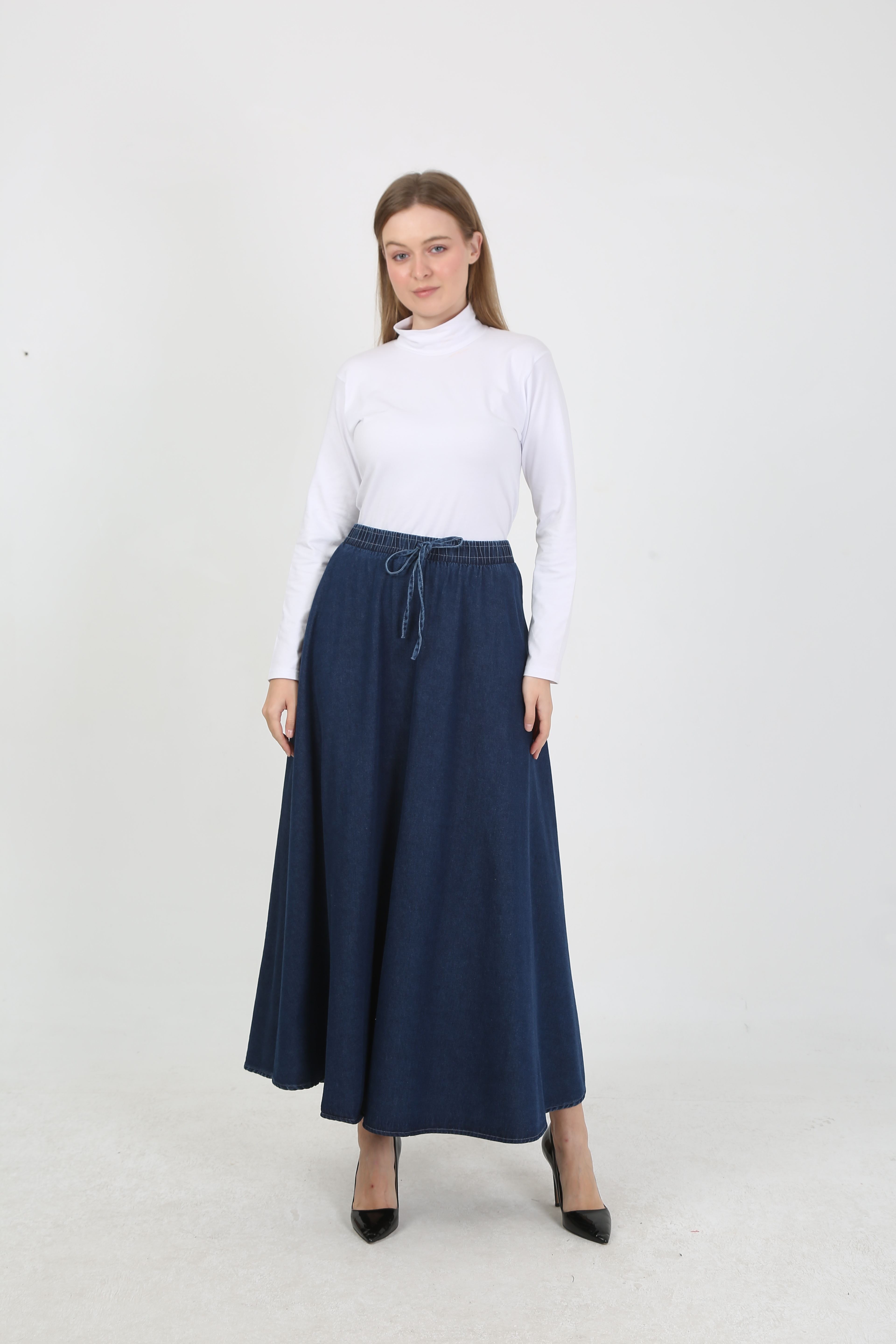 BELİ LASTİKLİ İPLİ KOT KLOŞ ETEK  KOYU MAVİ