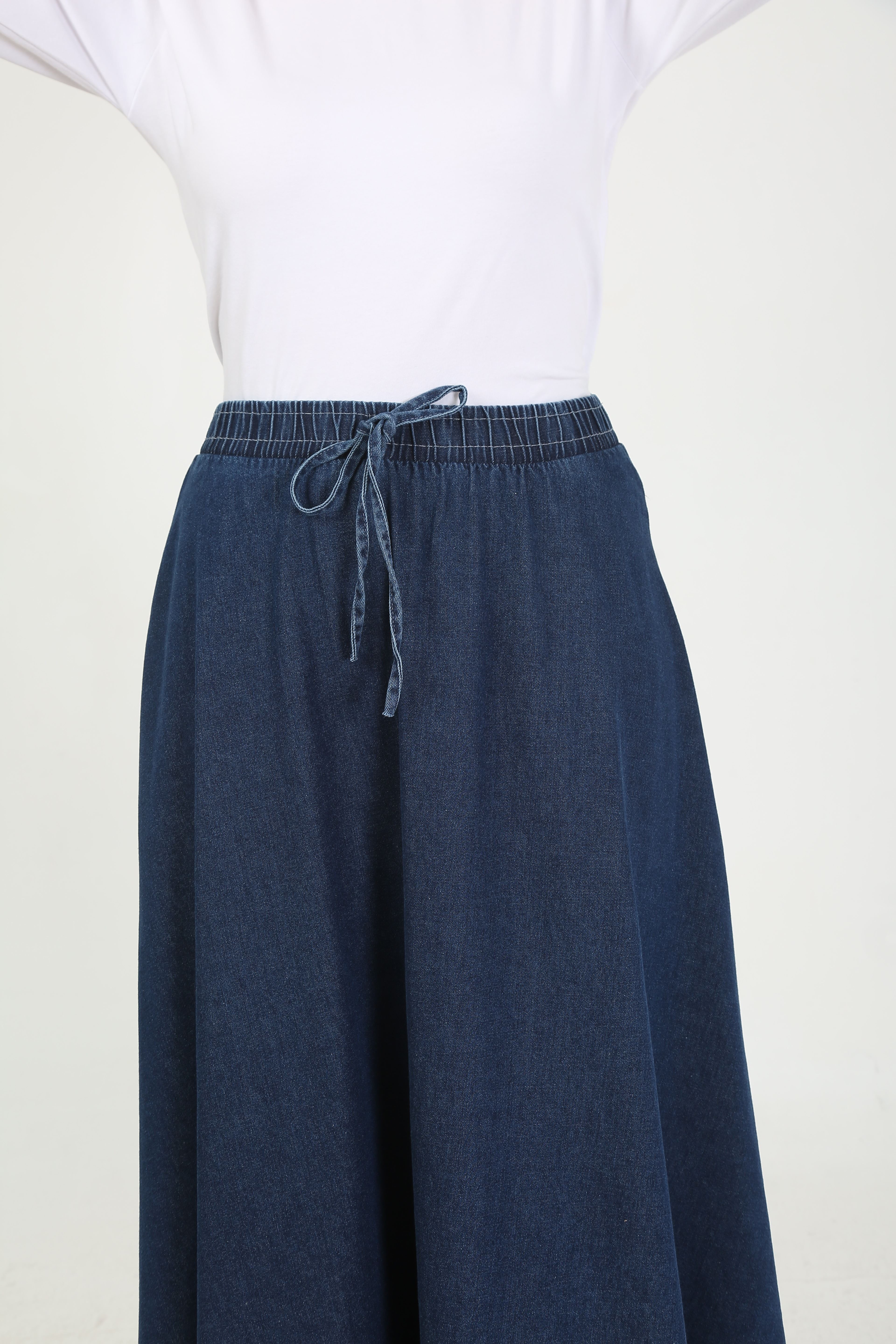 BELİ LASTİKLİ İPLİ KOT KLOŞ ETEK  KOYU MAVİ