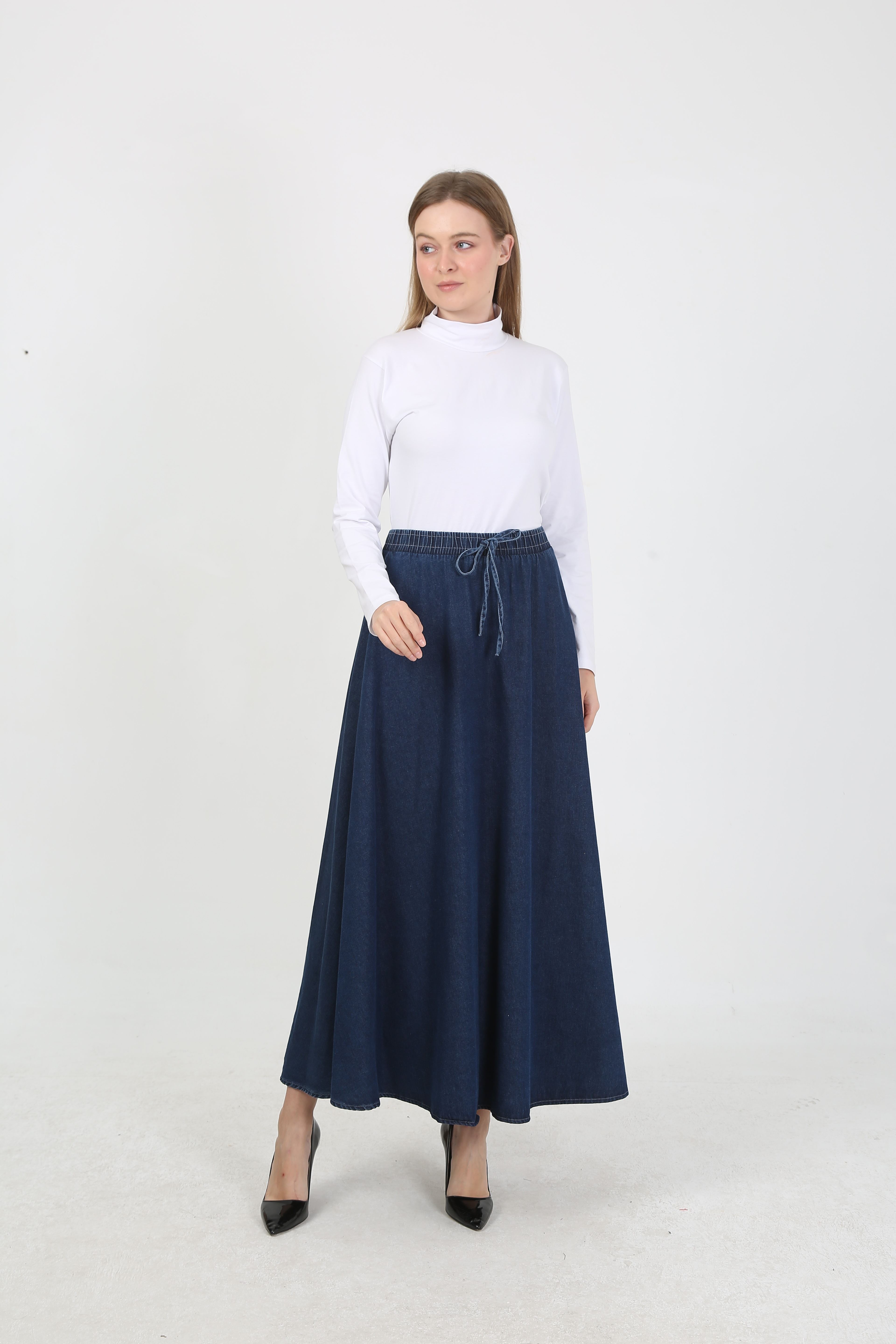 BELİ LASTİKLİ İPLİ KOT KLOŞ ETEK  KOYU MAVİ