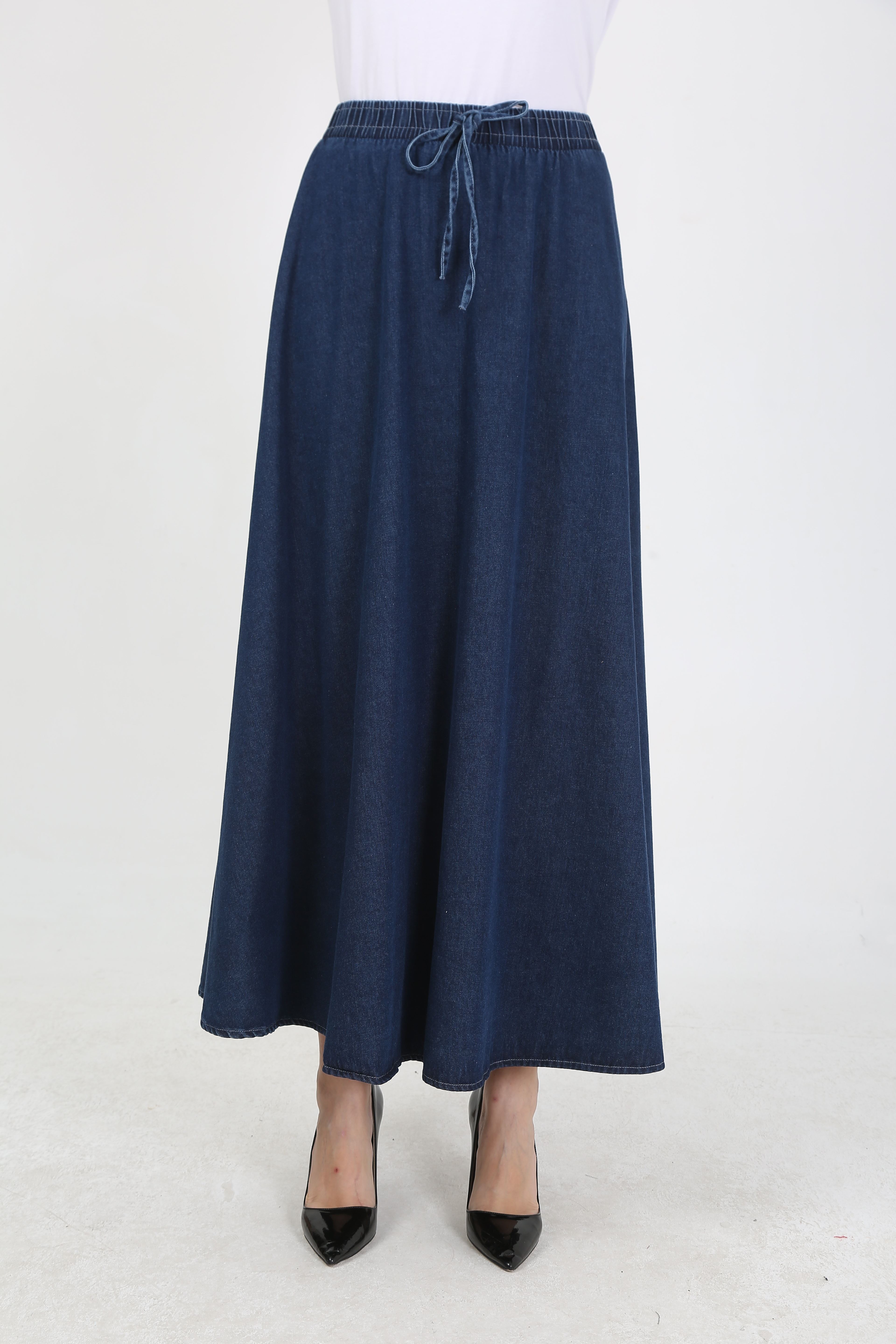 BELİ LASTİKLİ İPLİ KOT KLOŞ ETEK  KOYU MAVİ