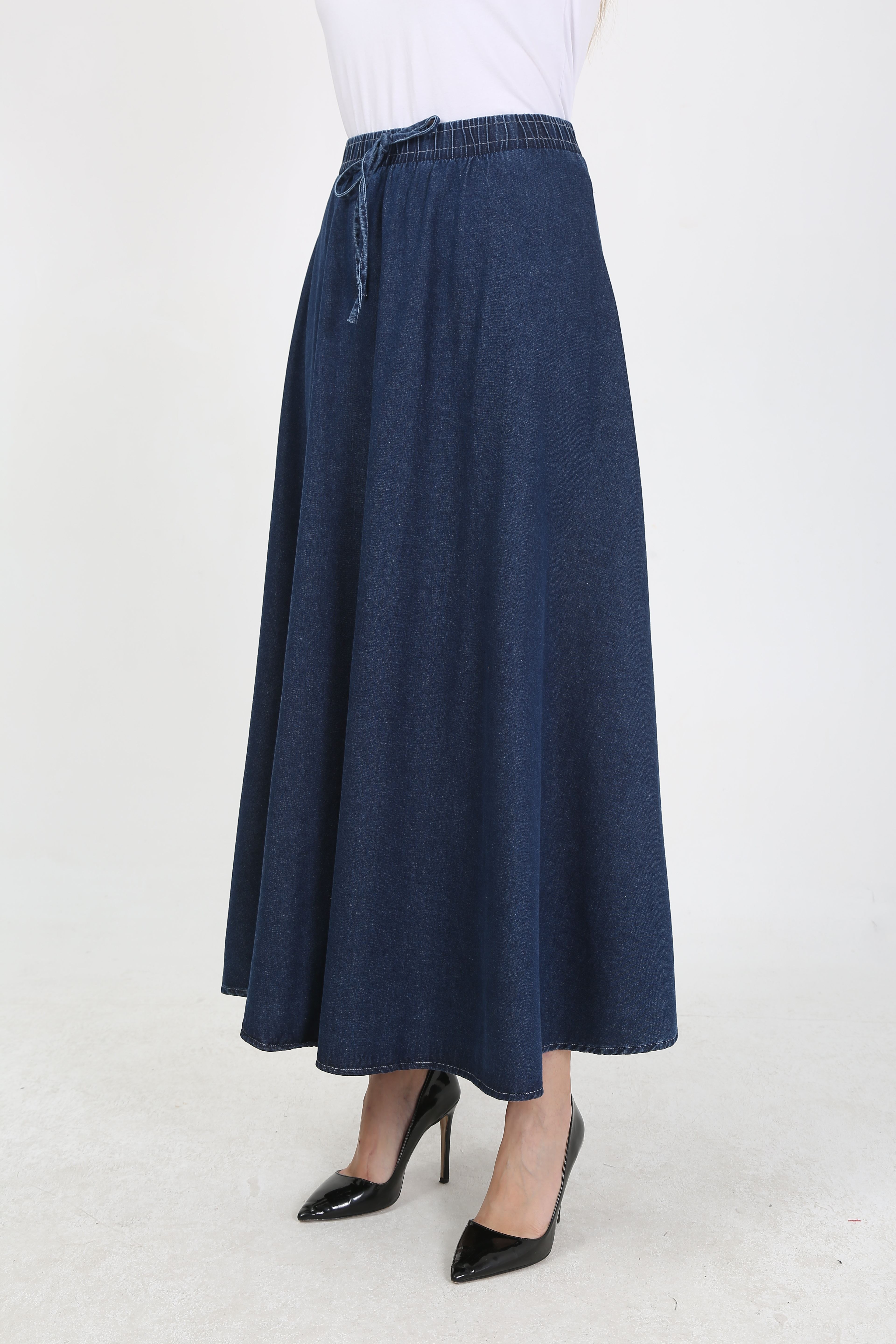 BELİ LASTİKLİ İPLİ KOT KLOŞ ETEK  KOYU MAVİ