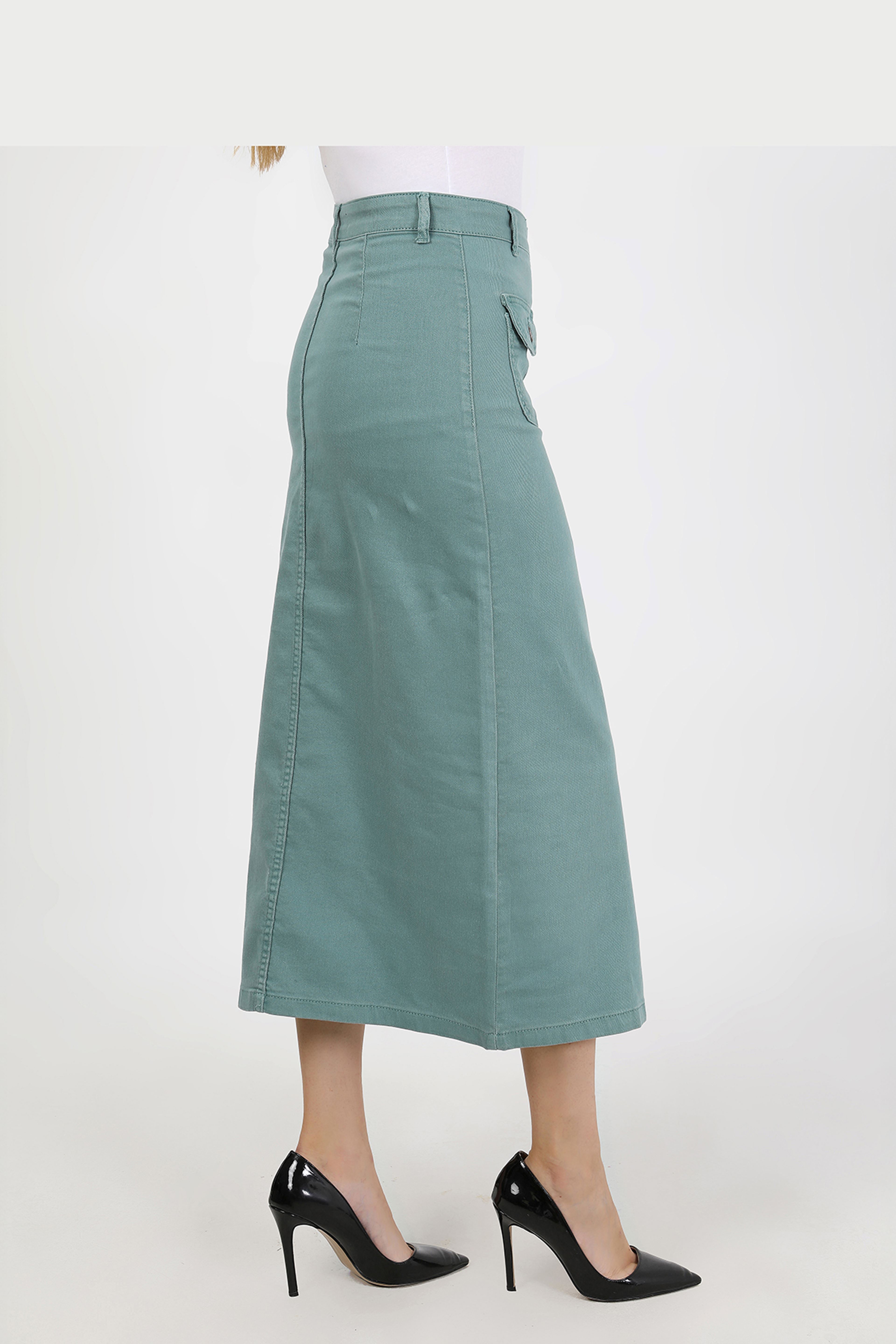 تنورة حجاب فيروزية مع أزرار وكشكشة وجيوب