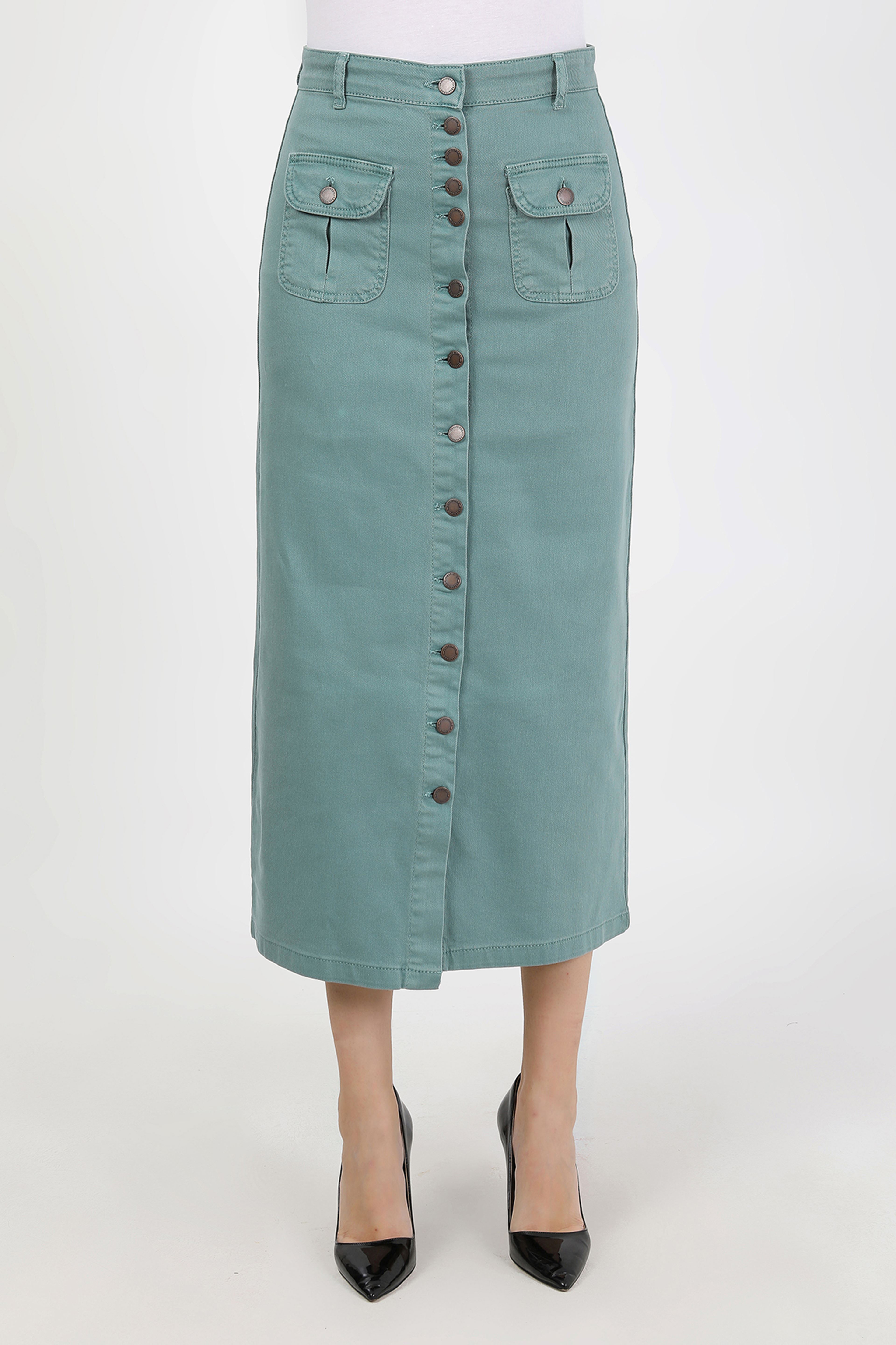 تنورة حجاب فيروزية مع أزرار وكشكشة وجيوب