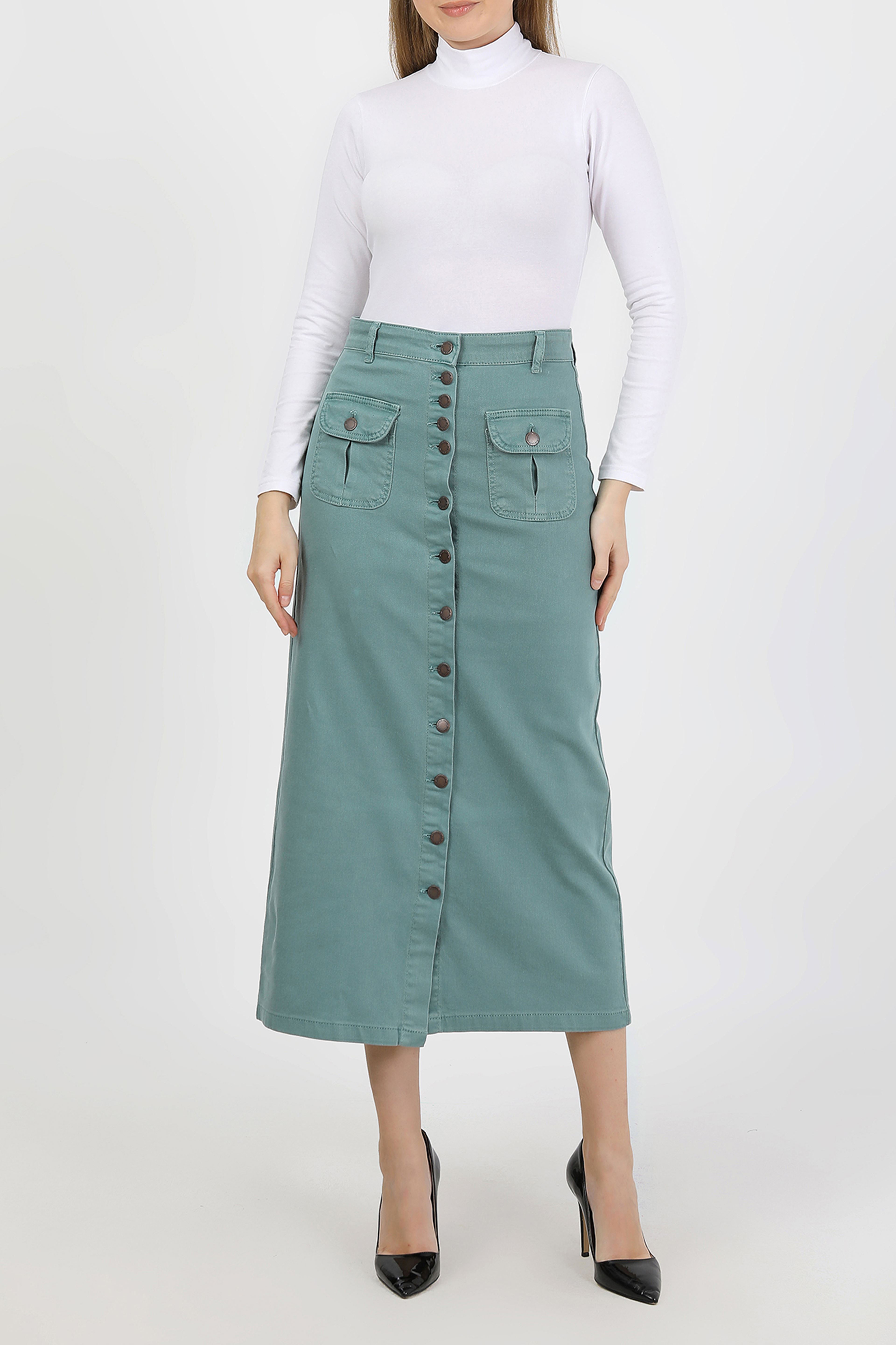 تنورة حجاب فيروزية مع أزرار وكشكشة وجيوب