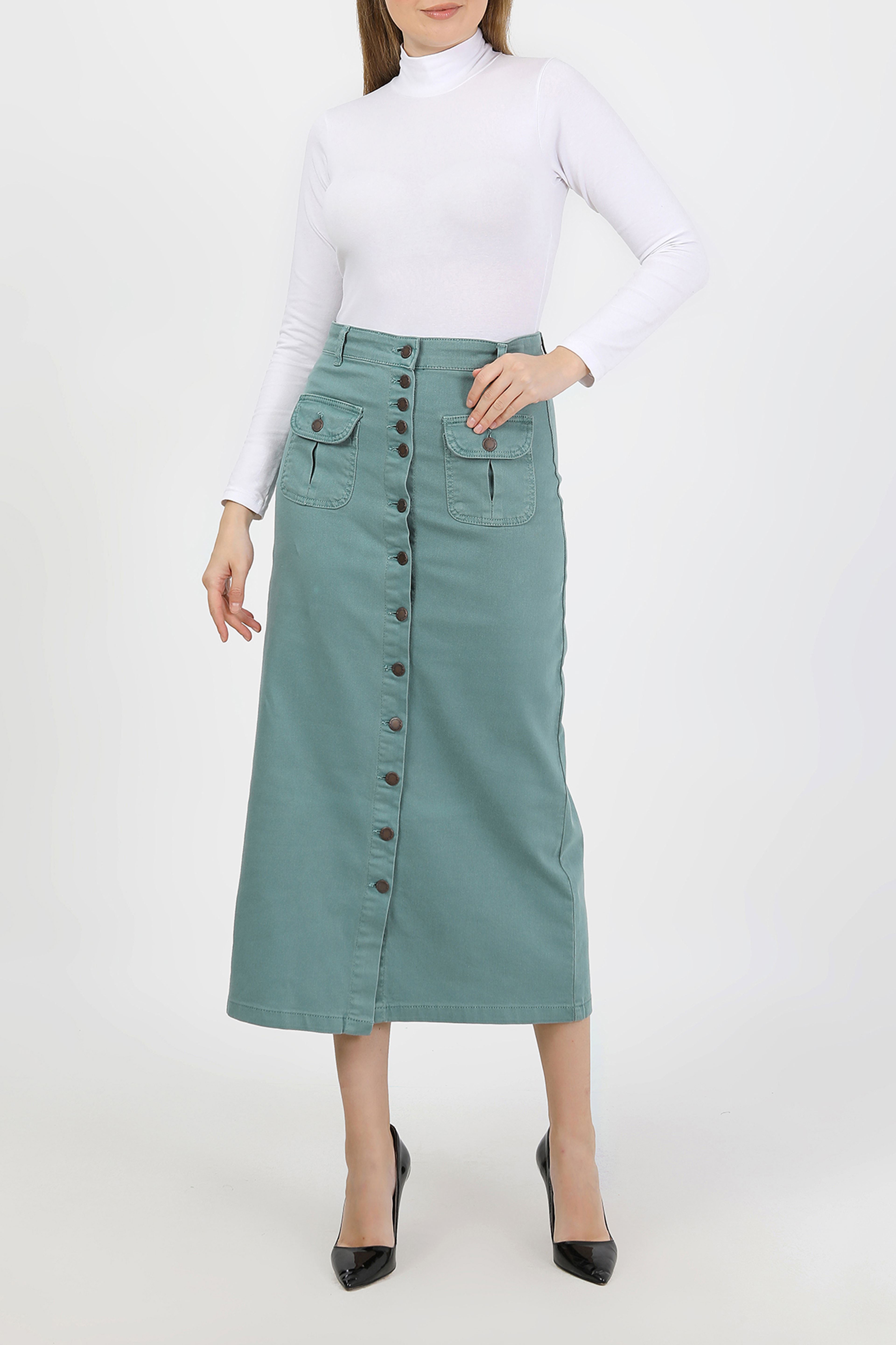 تنورة حجاب فيروزية مع أزرار وكشكشة وجيوب