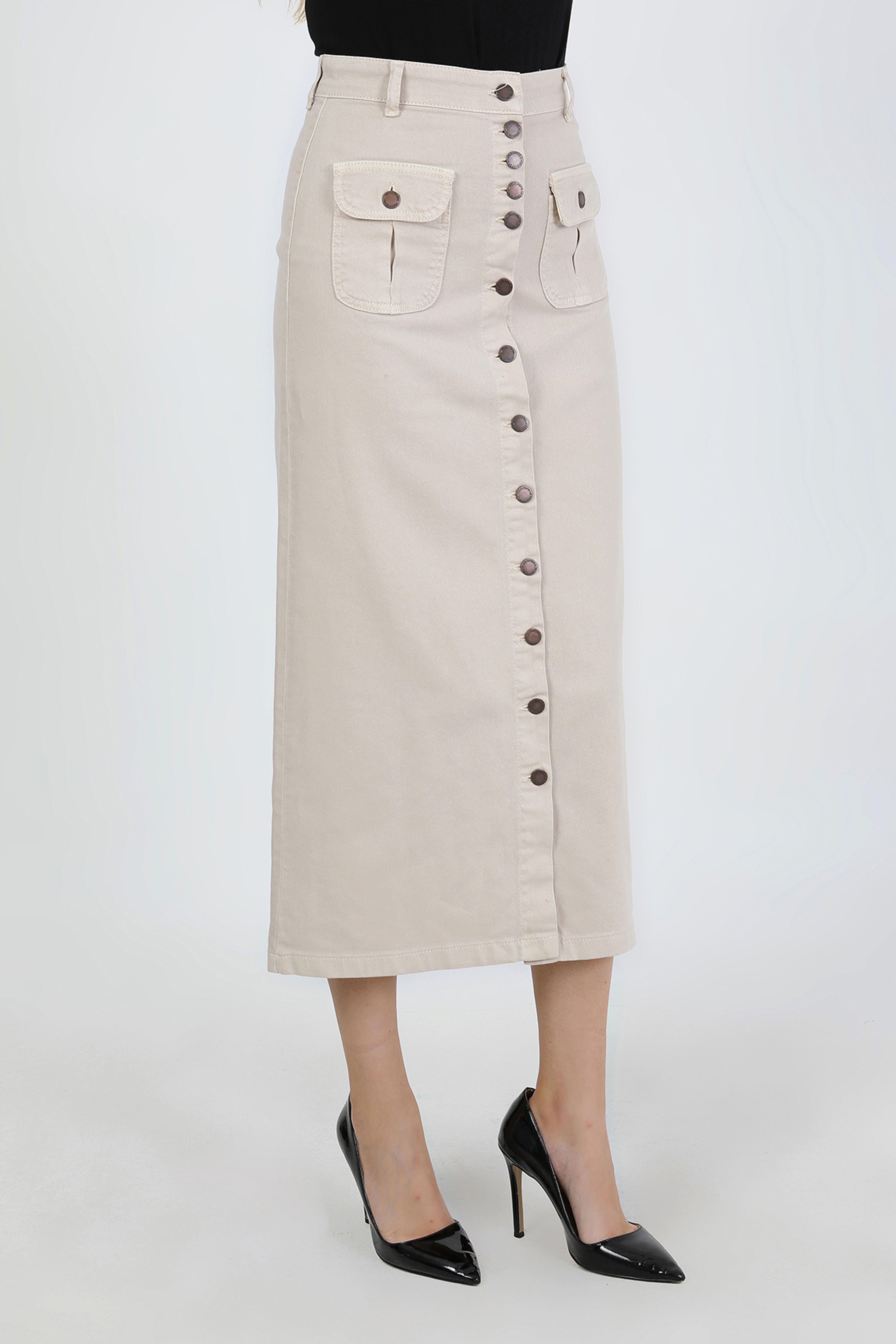 تنورة حجاب بيج فاتح بأزرار وجيب