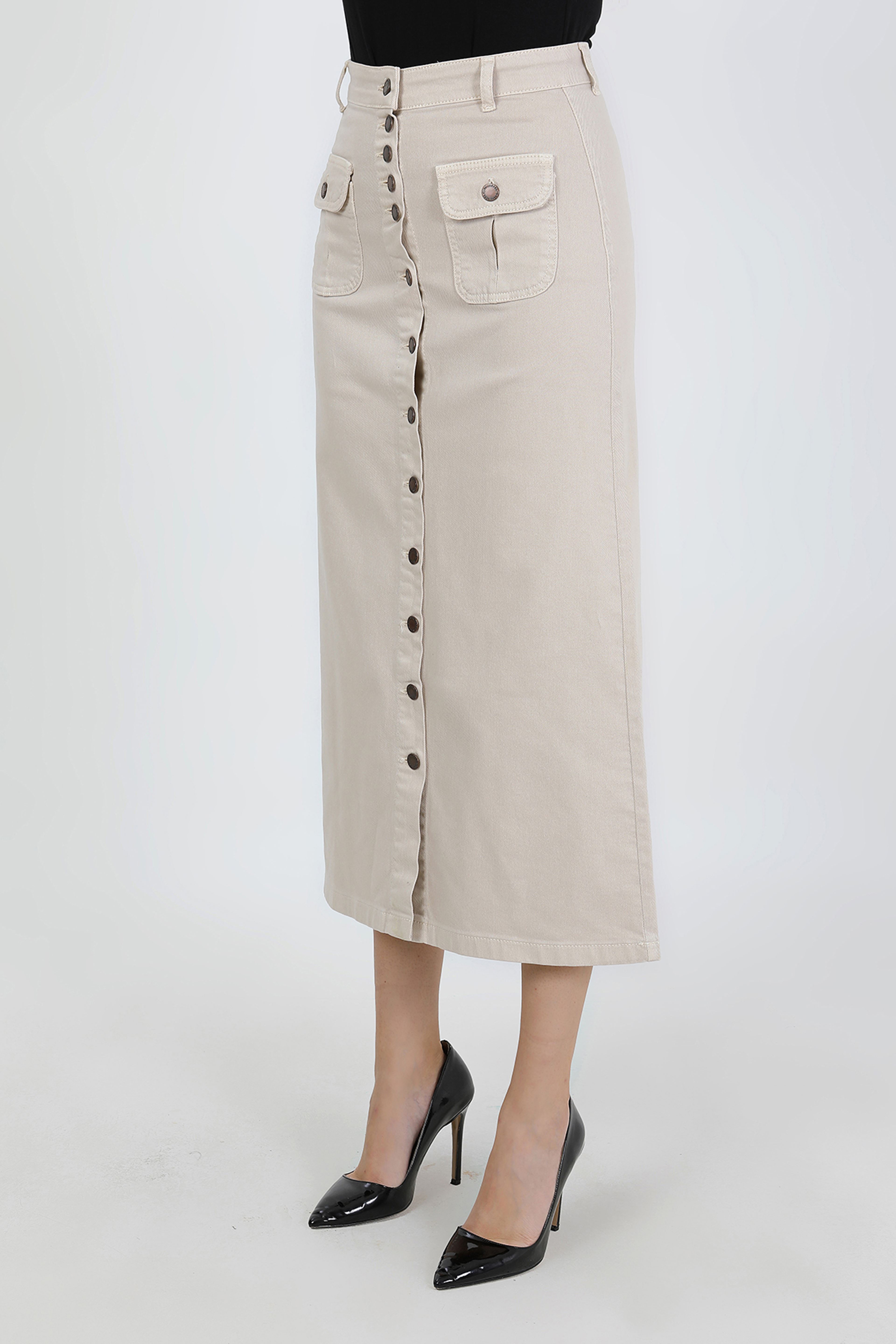 تنورة حجاب بيج فاتح بأزرار وجيب