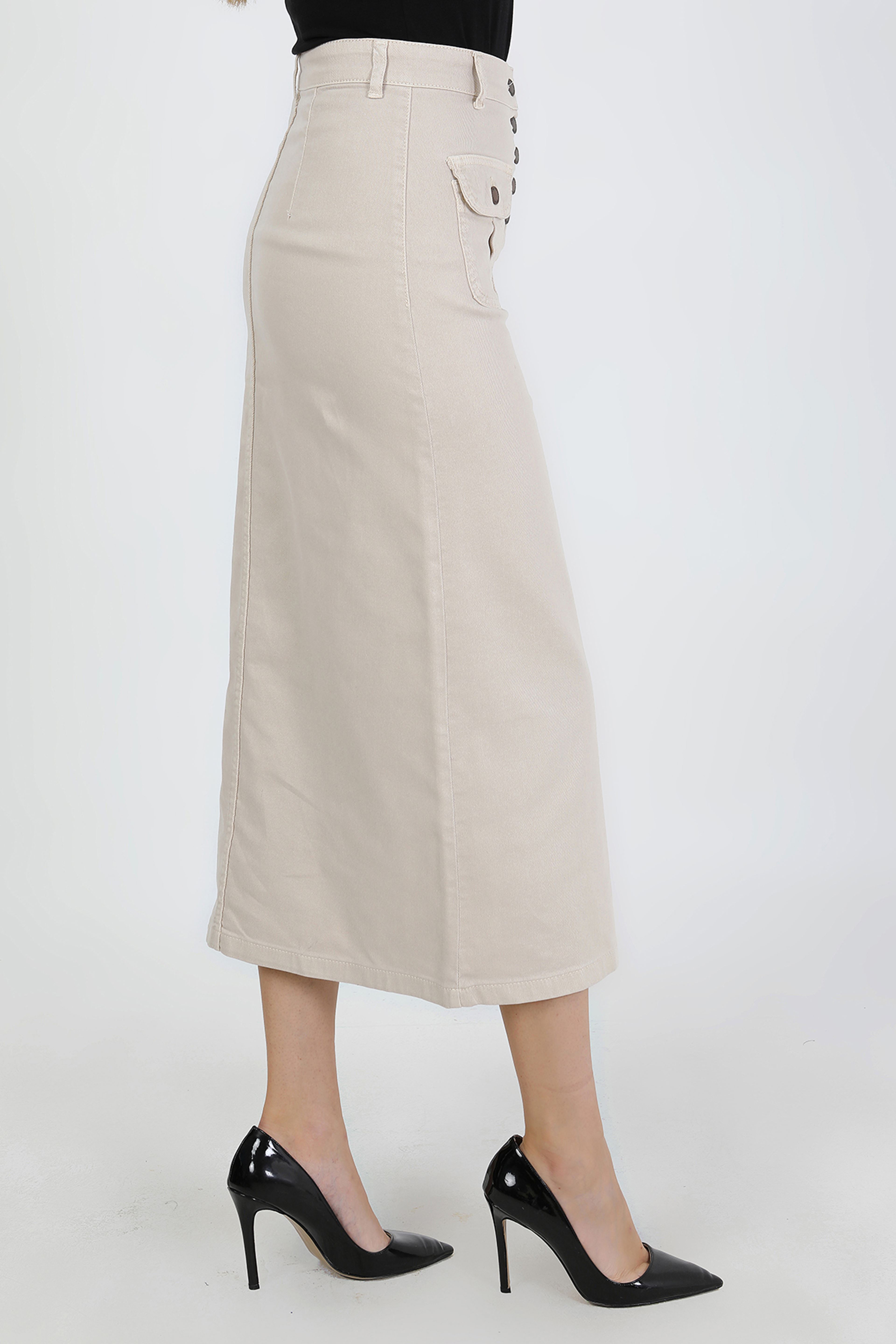 تنورة حجاب بيج فاتح بأزرار وجيب