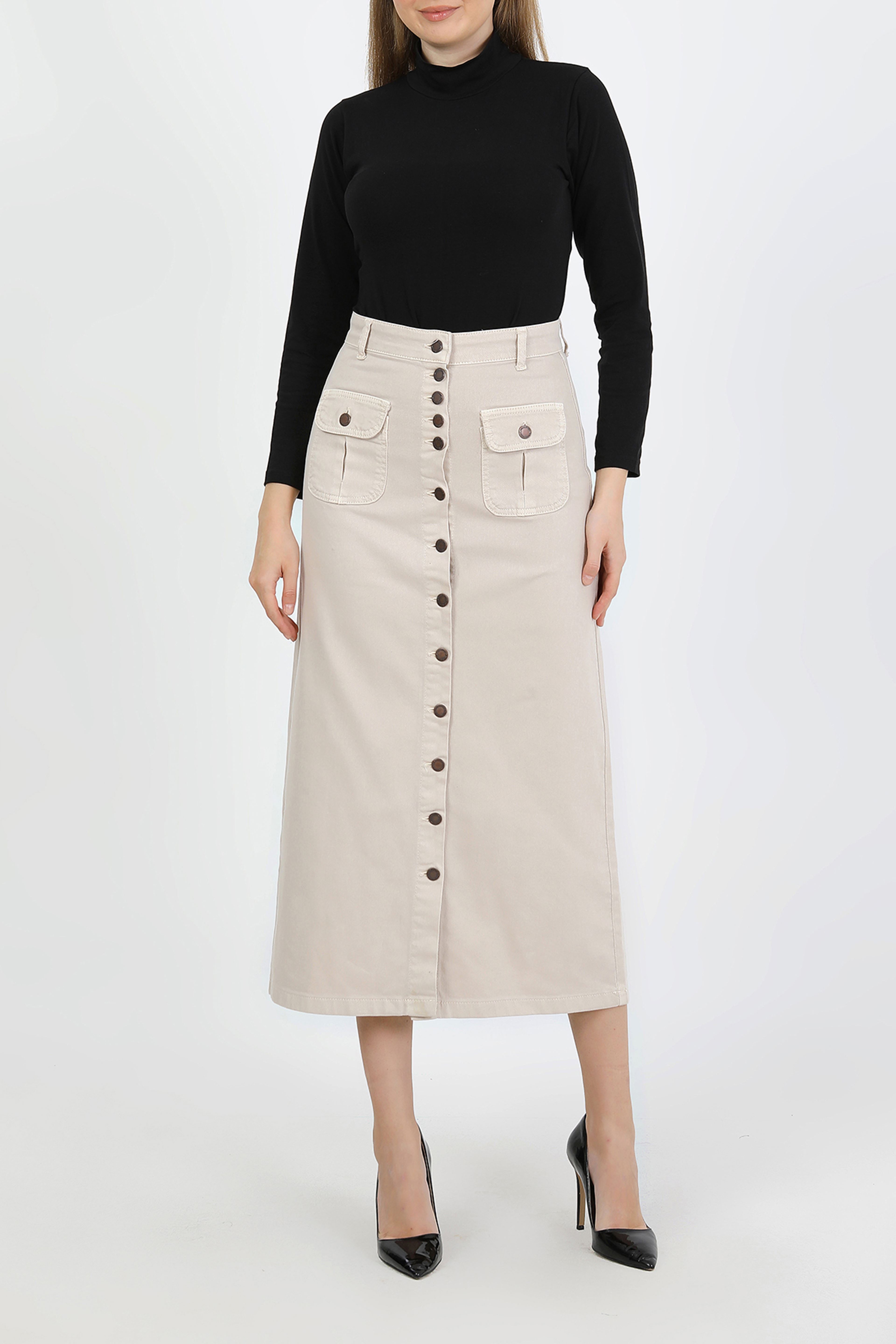 تنورة حجاب بيج فاتح بأزرار وجيب