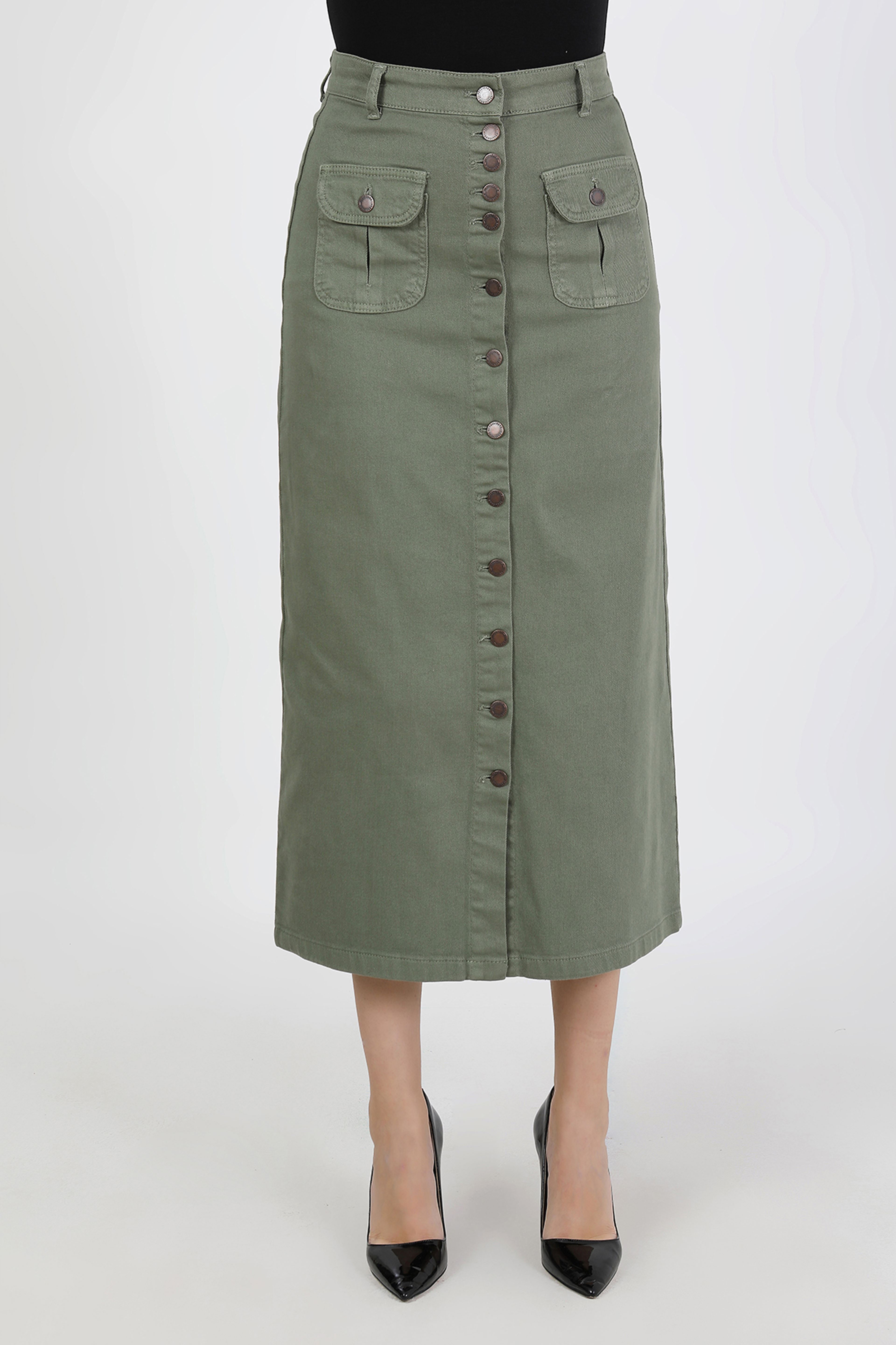 تنورة حجاب كاكي مع أزرار وجيوب