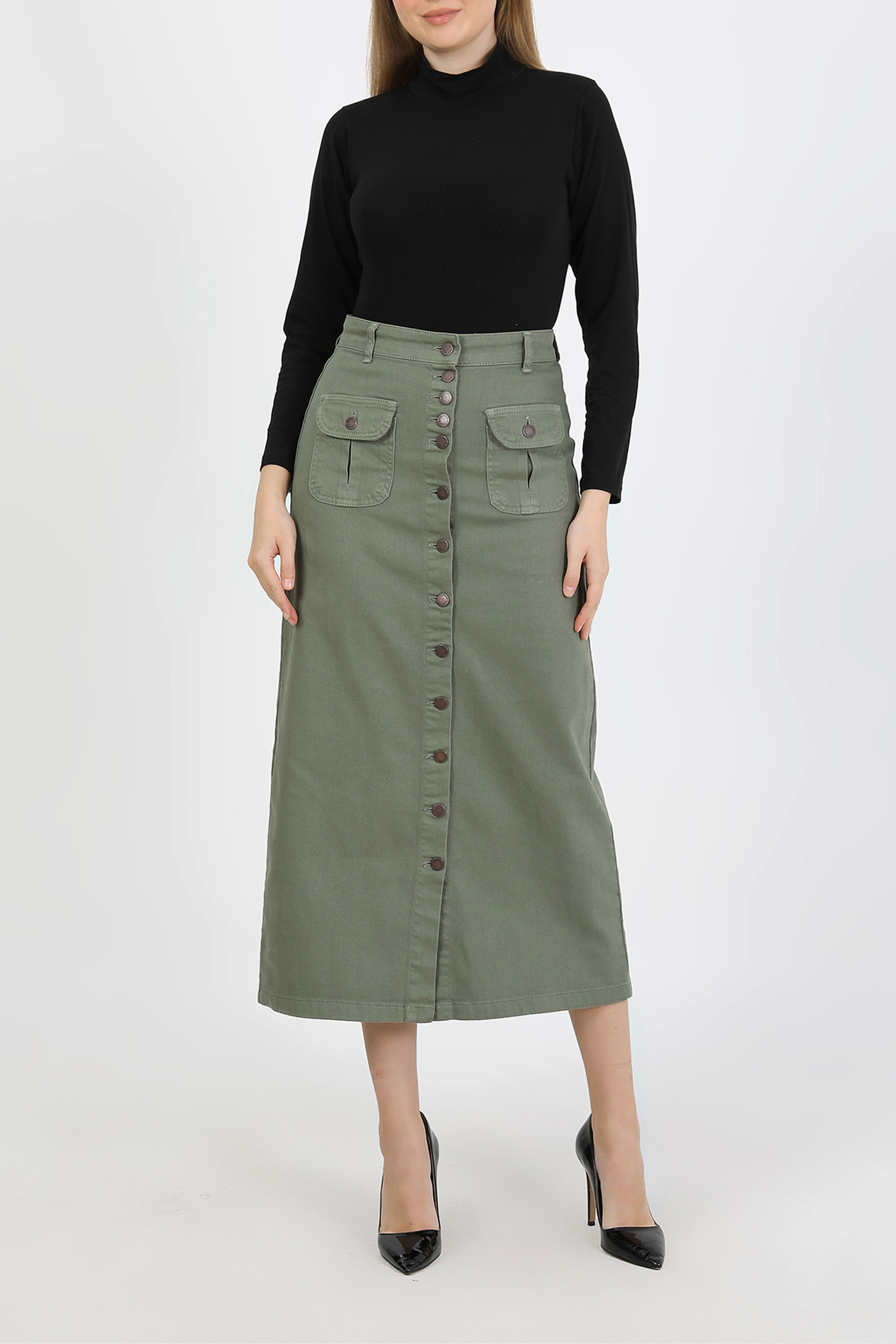 تنورة حجاب كاكي مع أزرار وجيوب