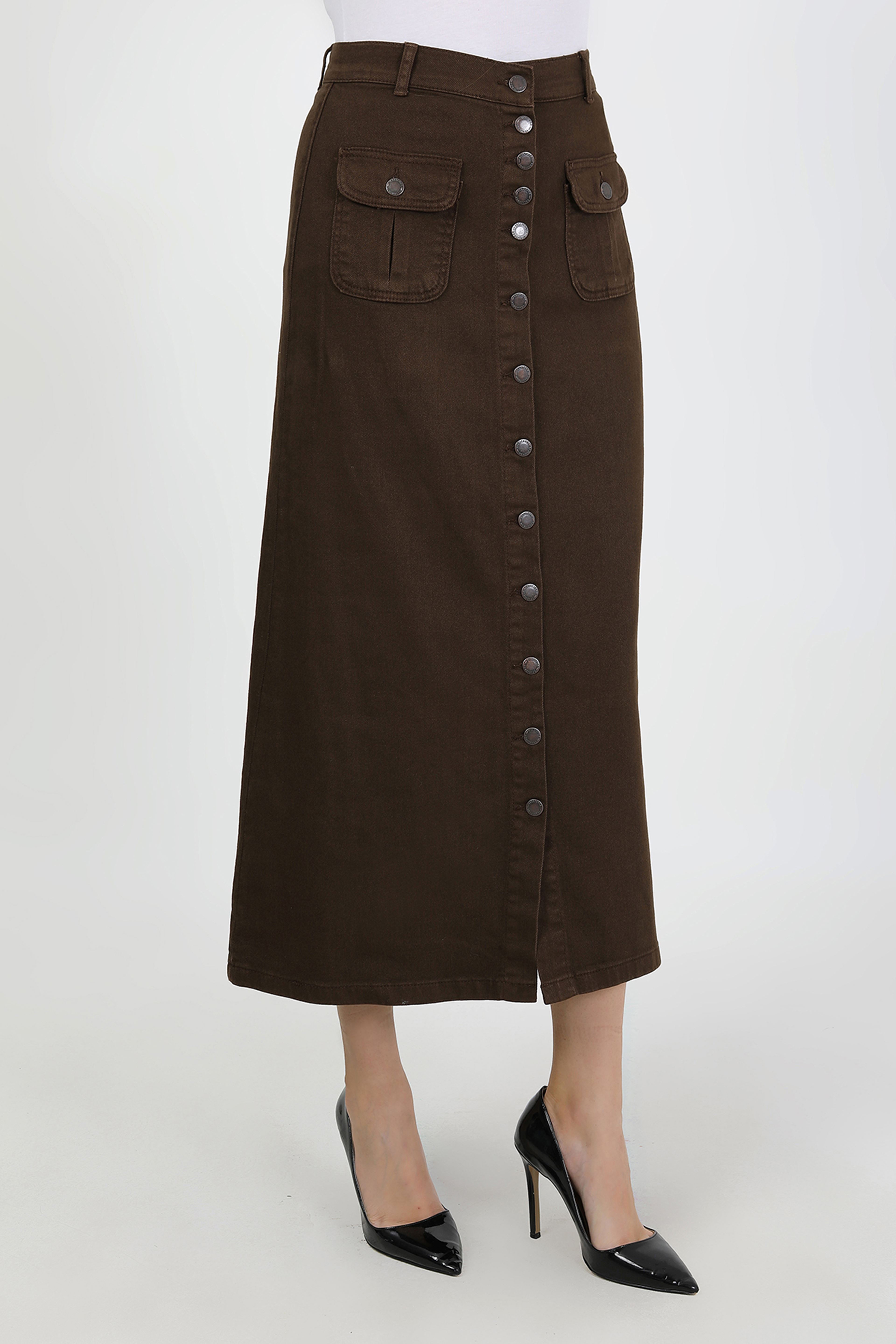 تنورة حجاب بنية اللون بأزرار وجيب