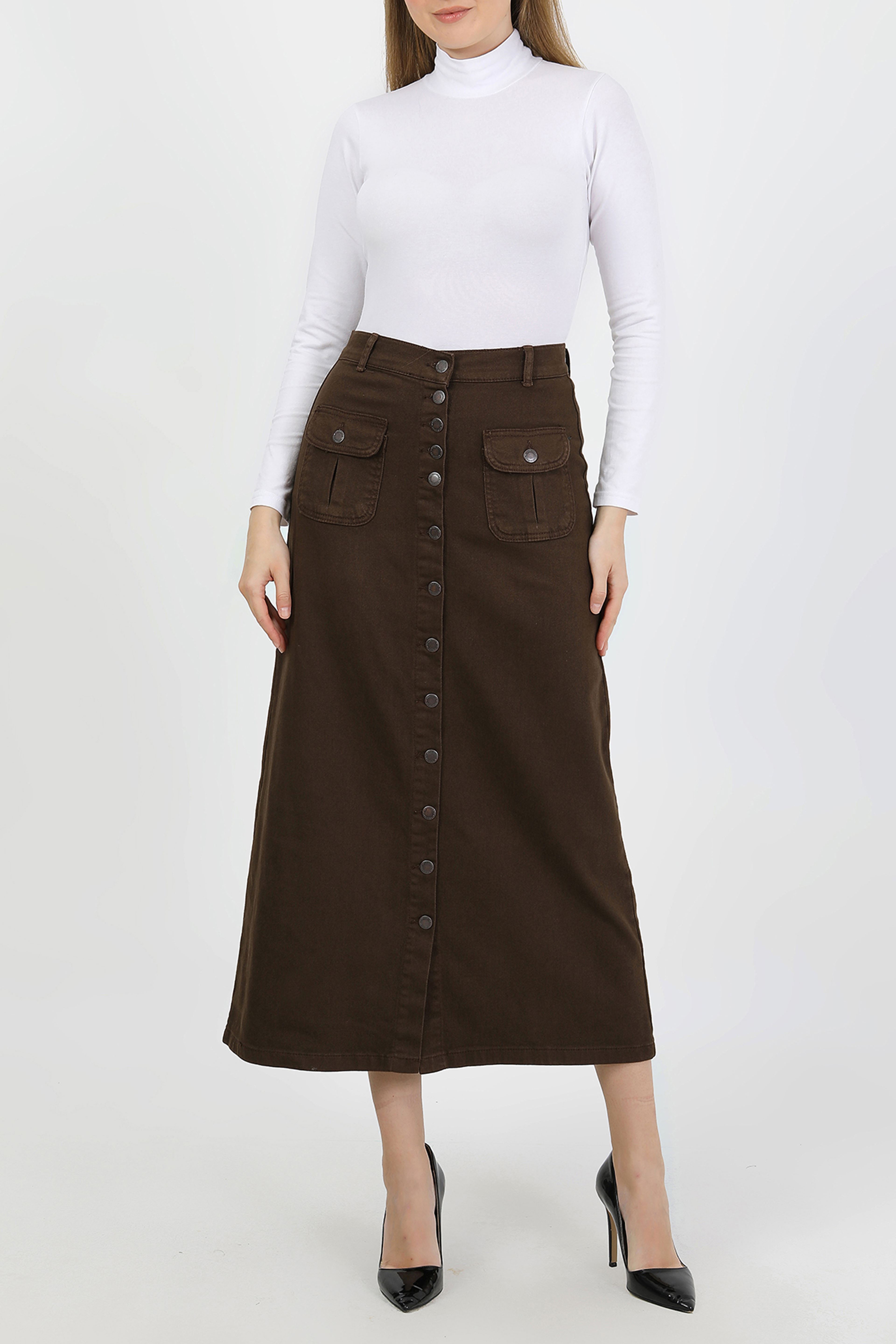 تنورة حجاب بنية اللون بأزرار وجيب