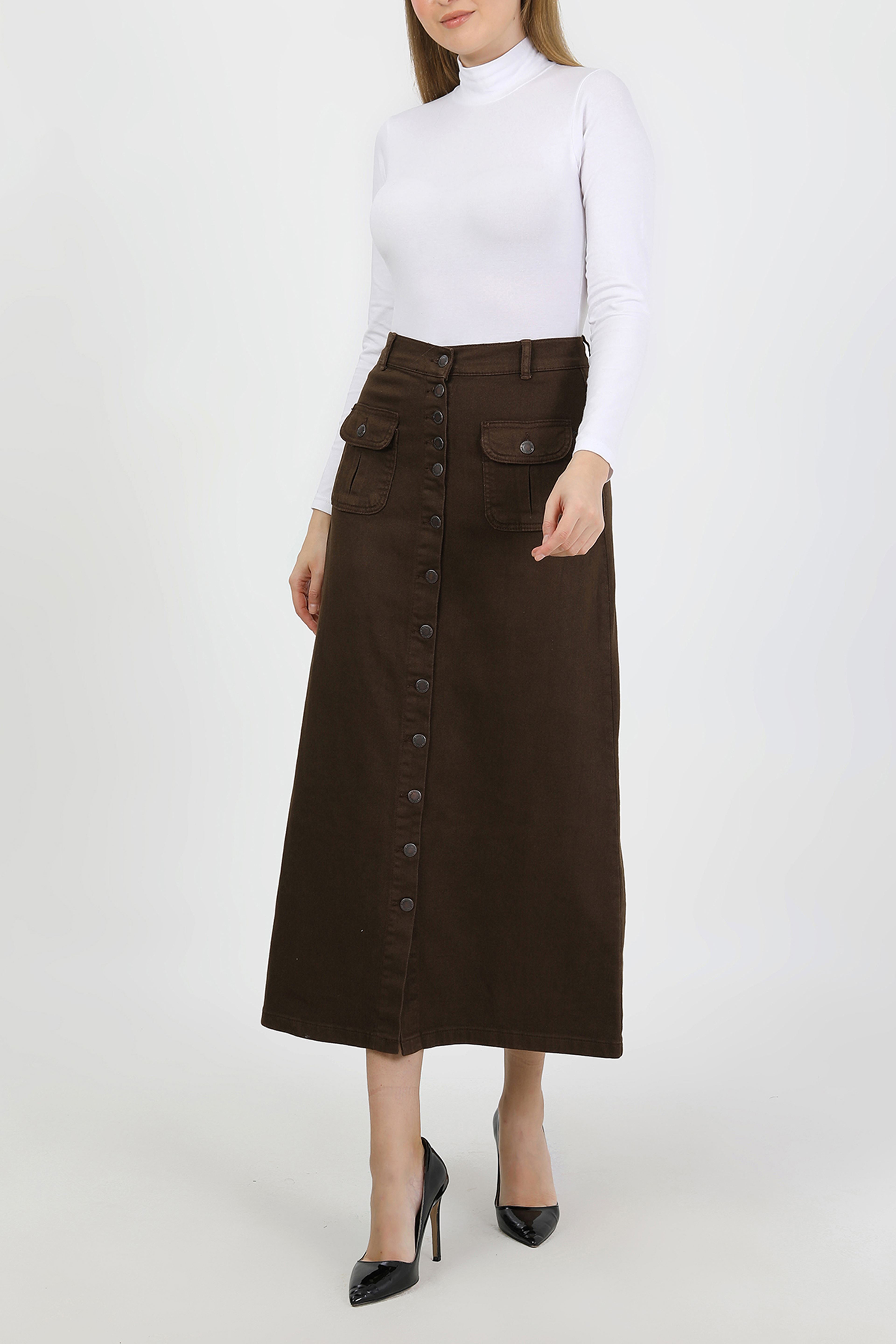 تنورة حجاب بنية اللون بأزرار وجيب