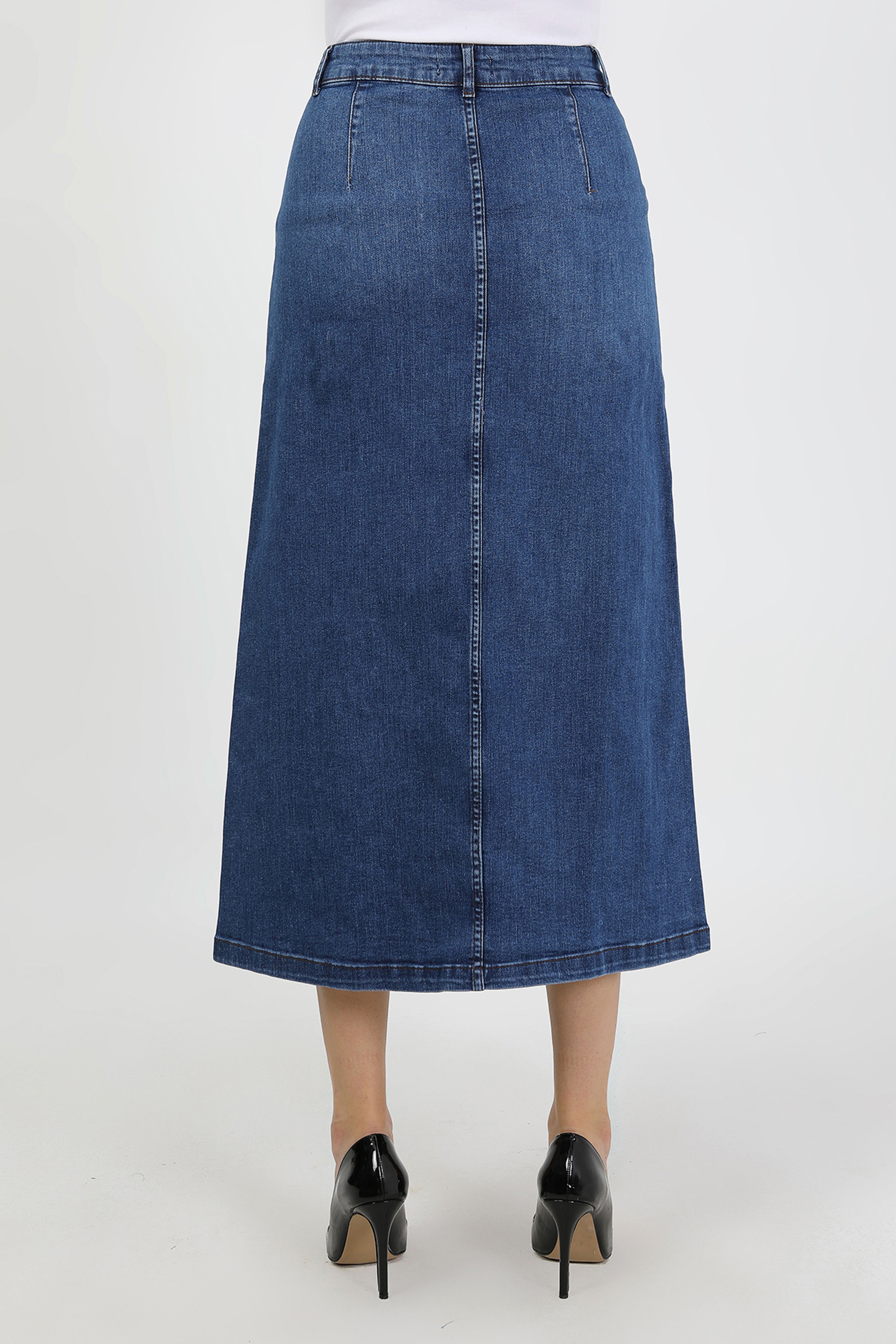 تنورة حجاب زرقاء داكنة مع فتحة أزرار وجيب