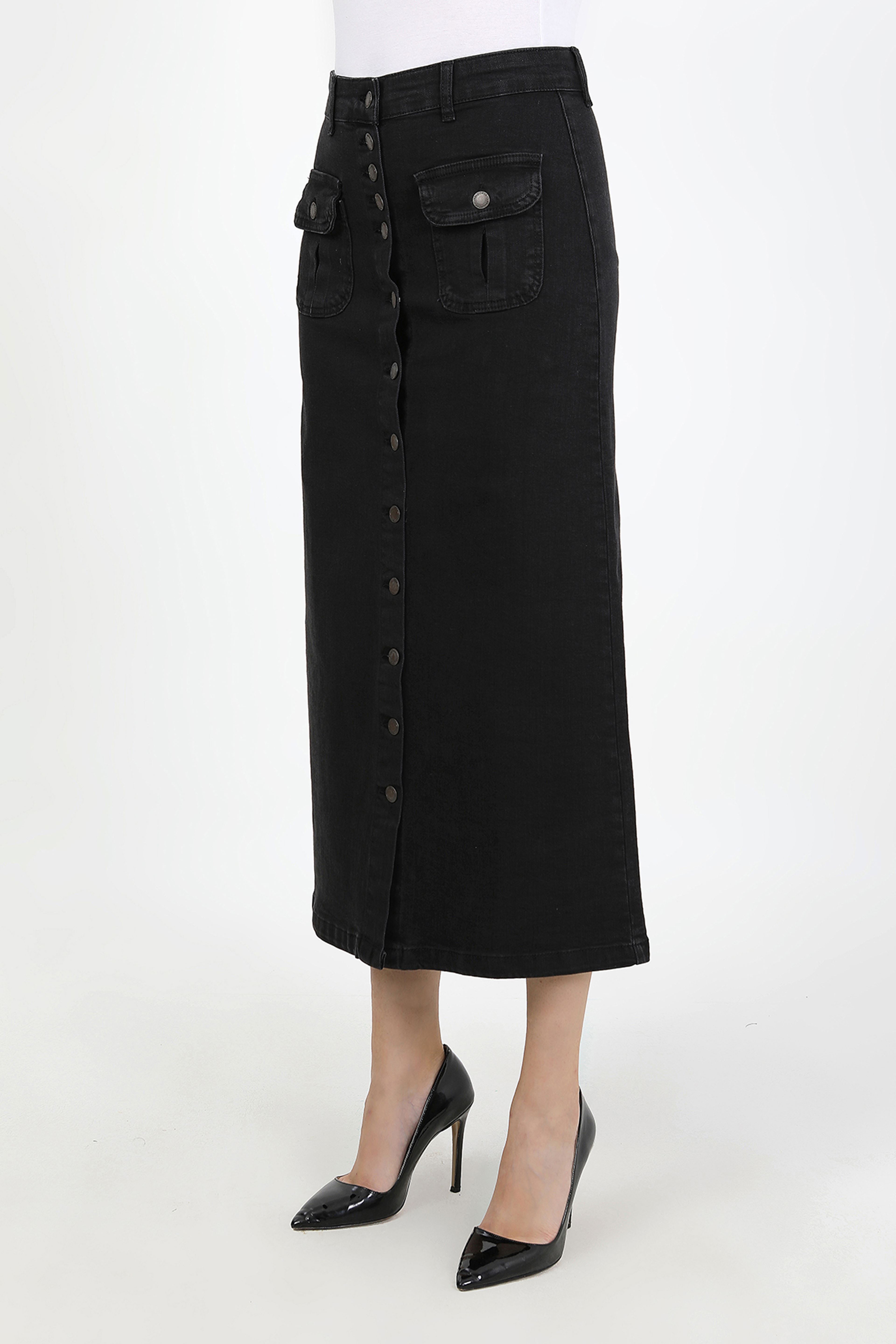 تنورة حجاب بأزرار، مكشكشة، وجيوب، باللون الأسود