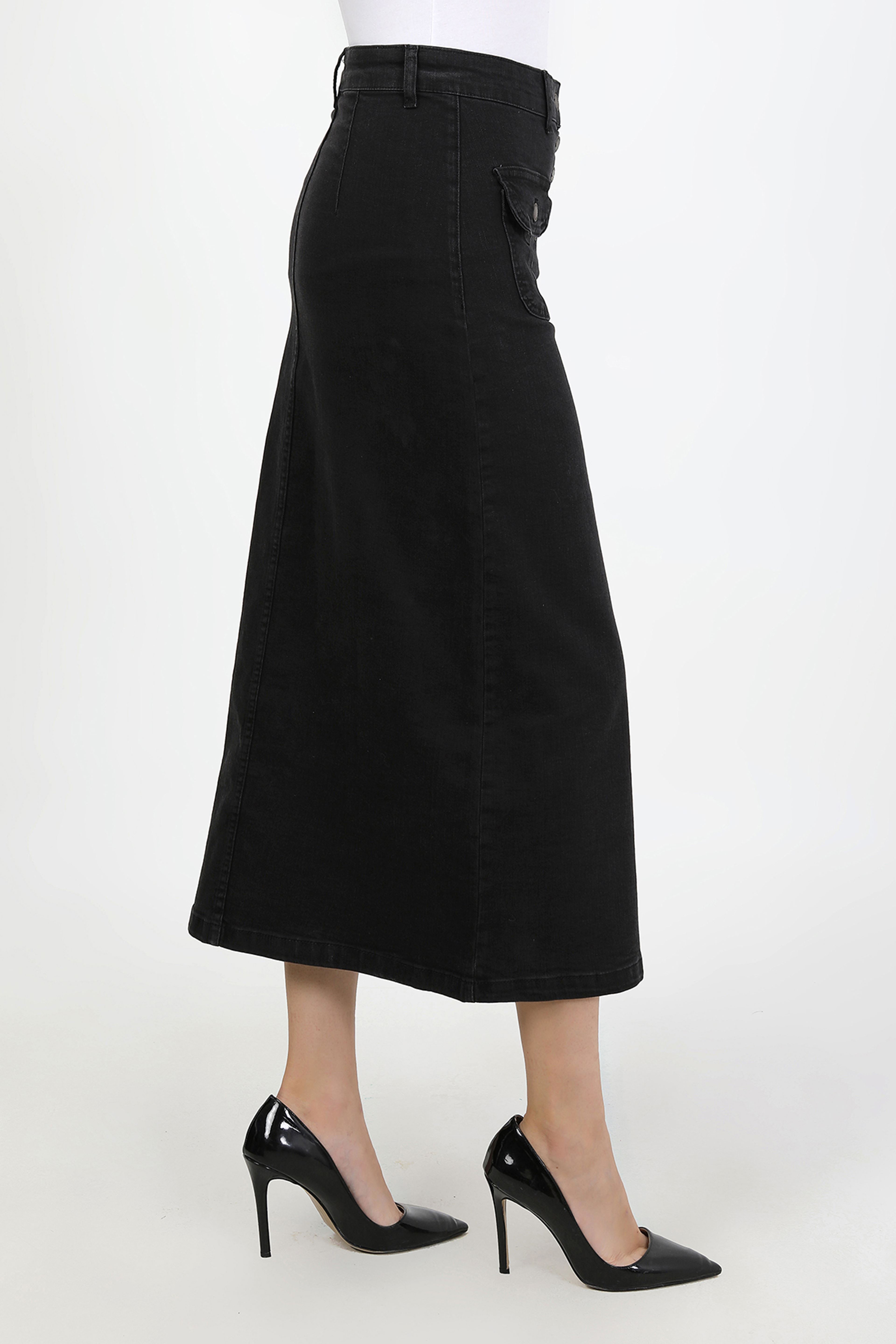 تنورة حجاب بأزرار، مكشكشة، وجيوب، باللون الأسود