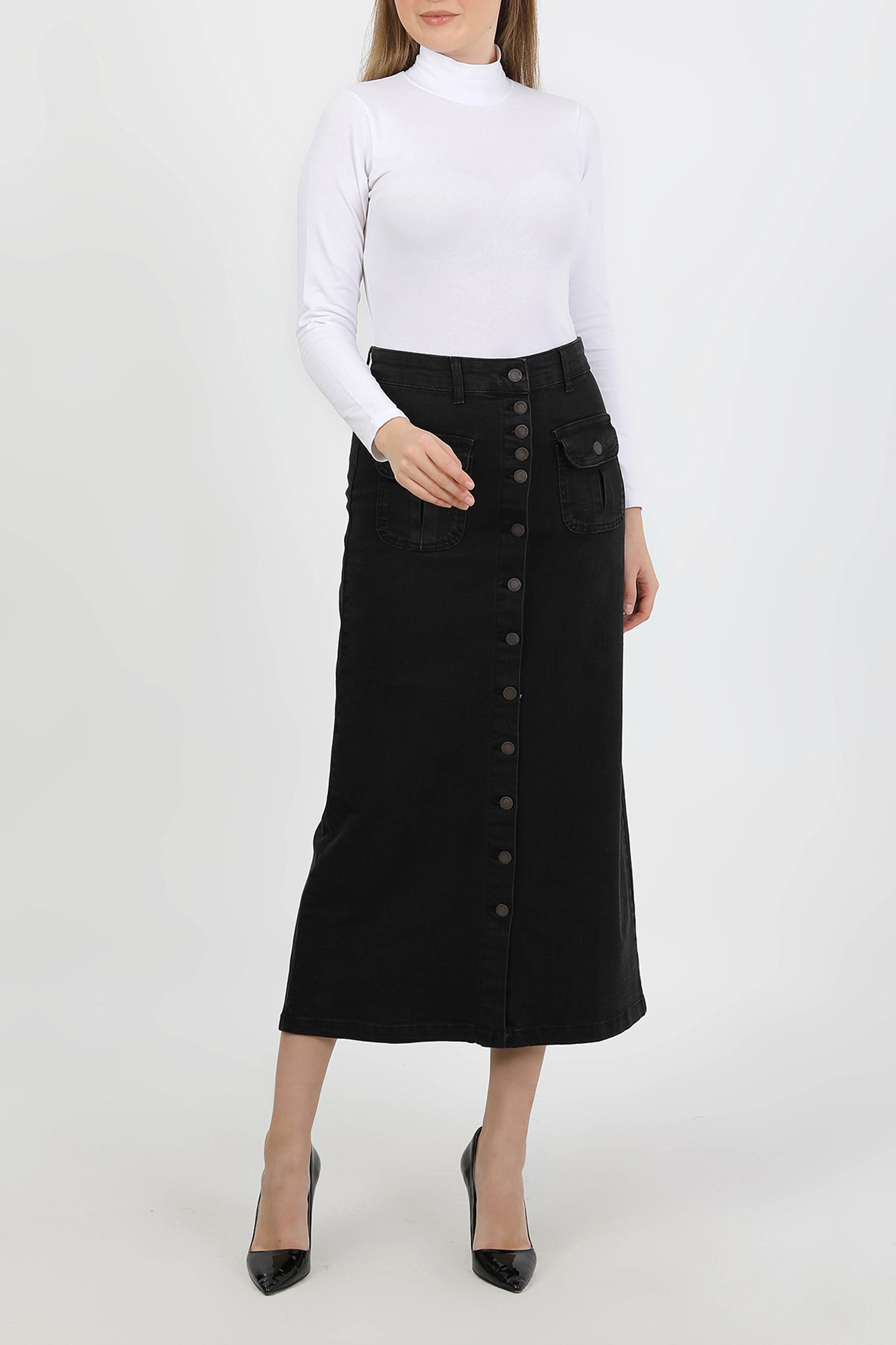 تنورة حجاب بأزرار، مكشكشة، وجيوب، باللون الأسود