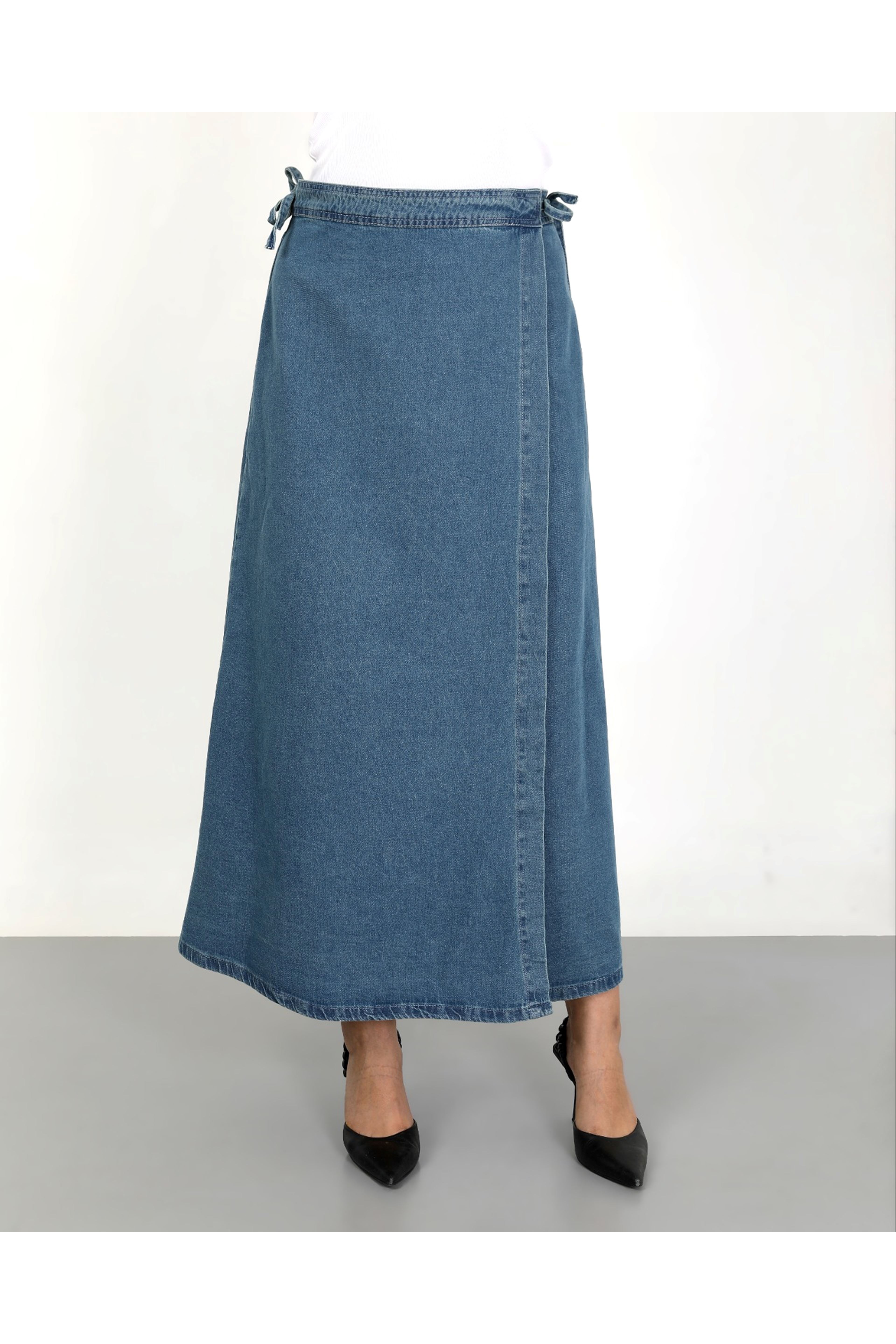 YANDAN BAĞLAMALI DENİM ETEK- AÇIK MAVİ