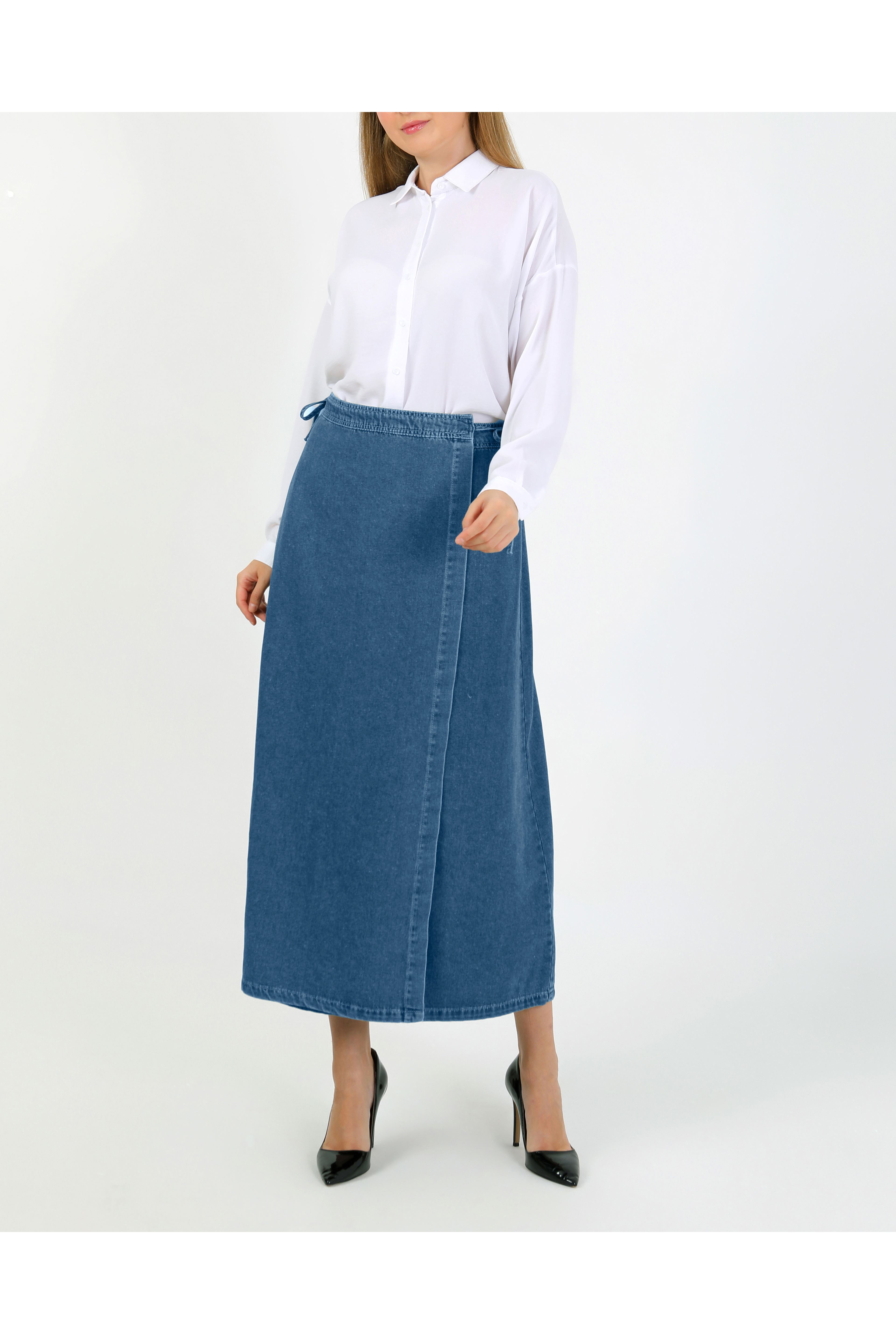 YANDAN BAĞLAMALI DENİM ETEK- AÇIK MAVİ