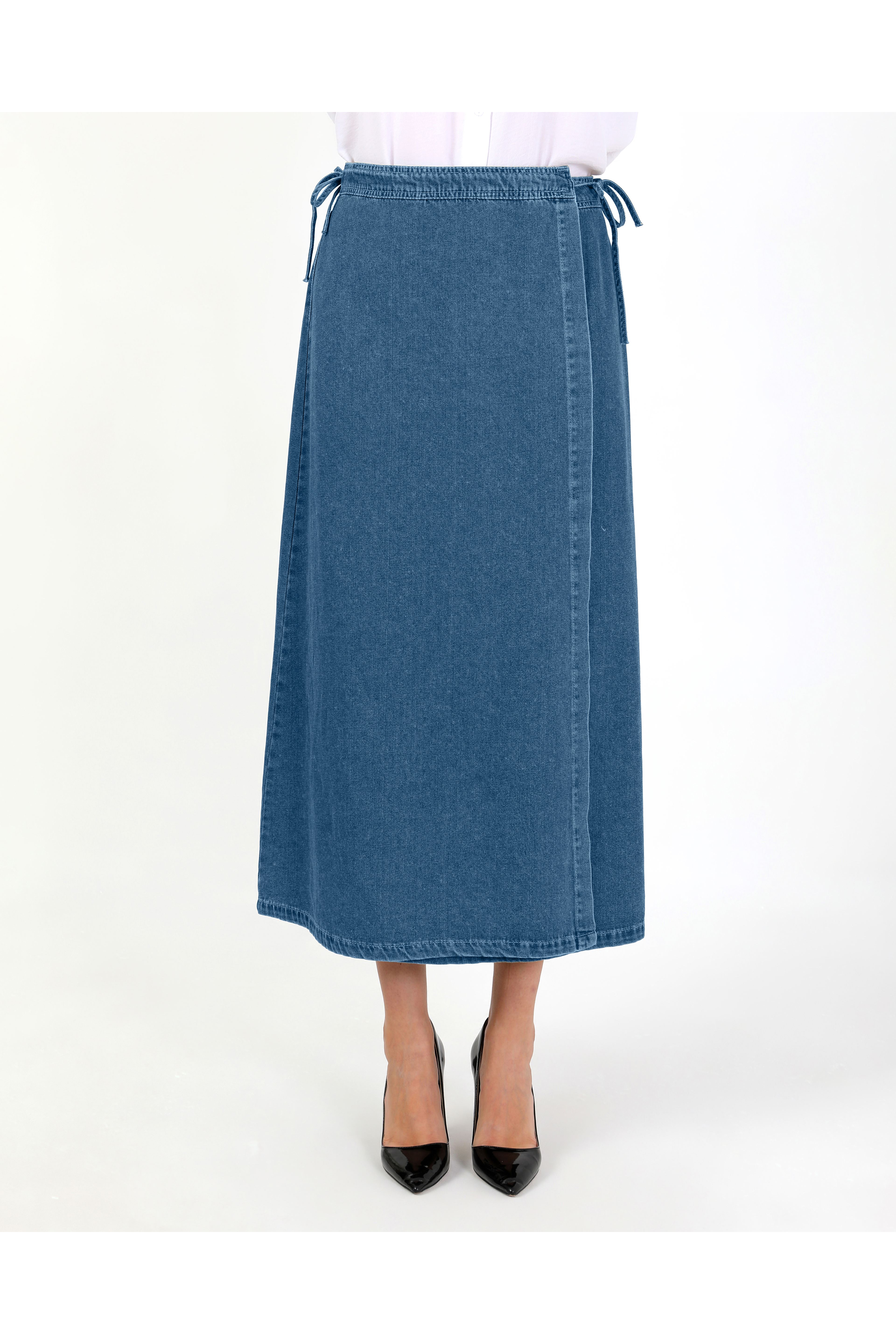 YANDAN BAĞLAMALI DENİM ETEK- AÇIK MAVİ