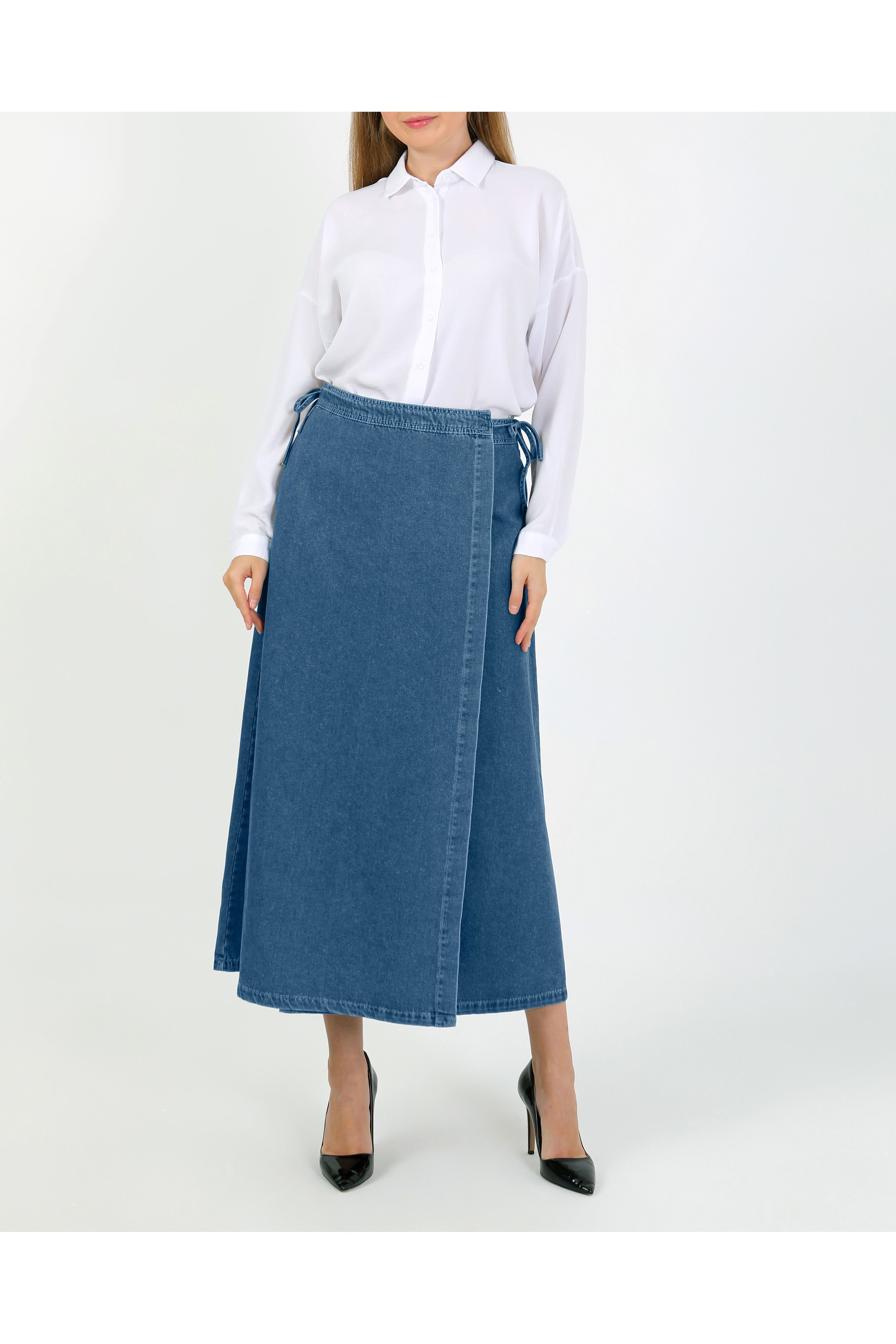 YANDAN BAĞLAMALI DENİM ETEK- AÇIK MAVİ