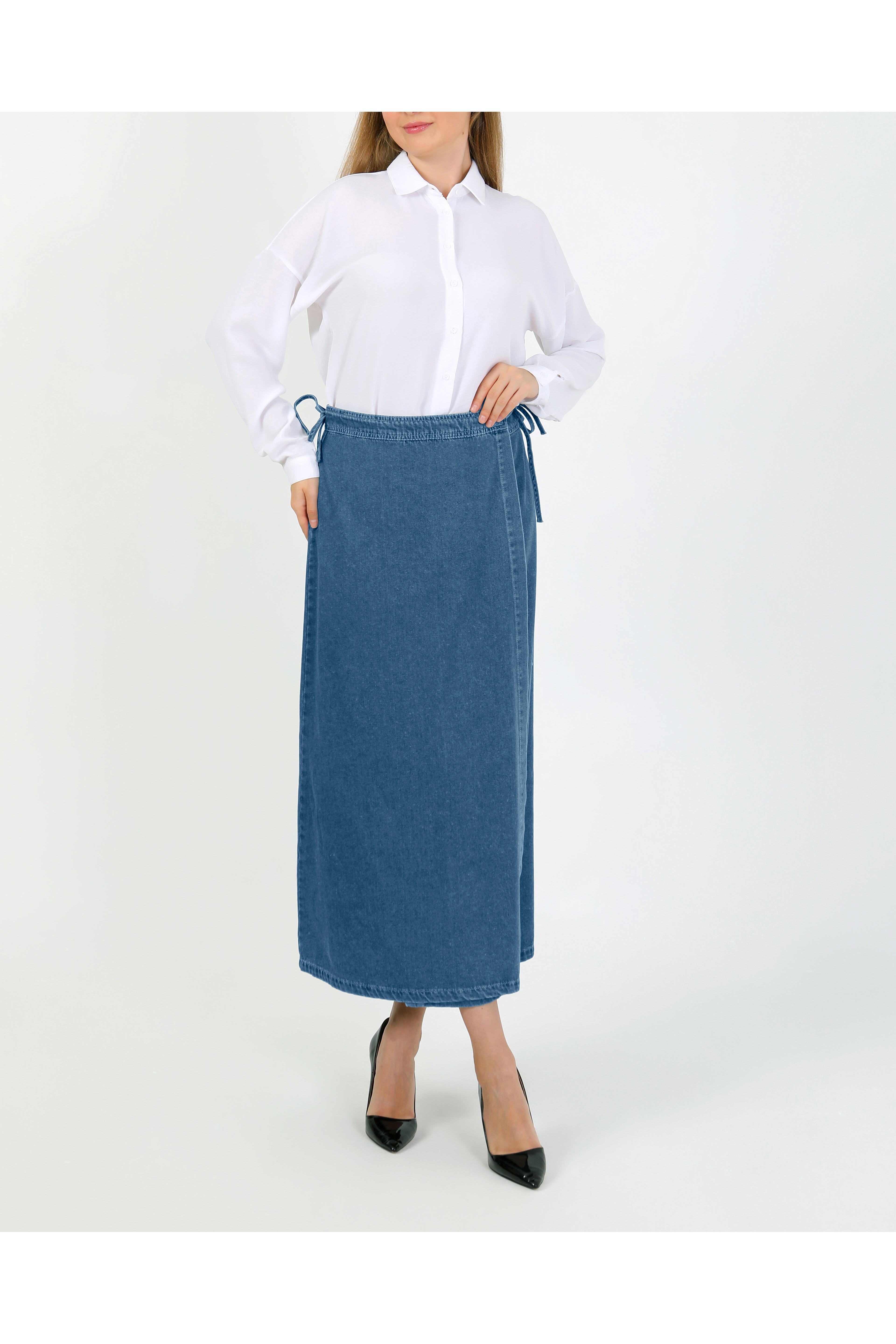 YANDAN BAĞLAMALI DENİM ETEK- AÇIK MAVİ