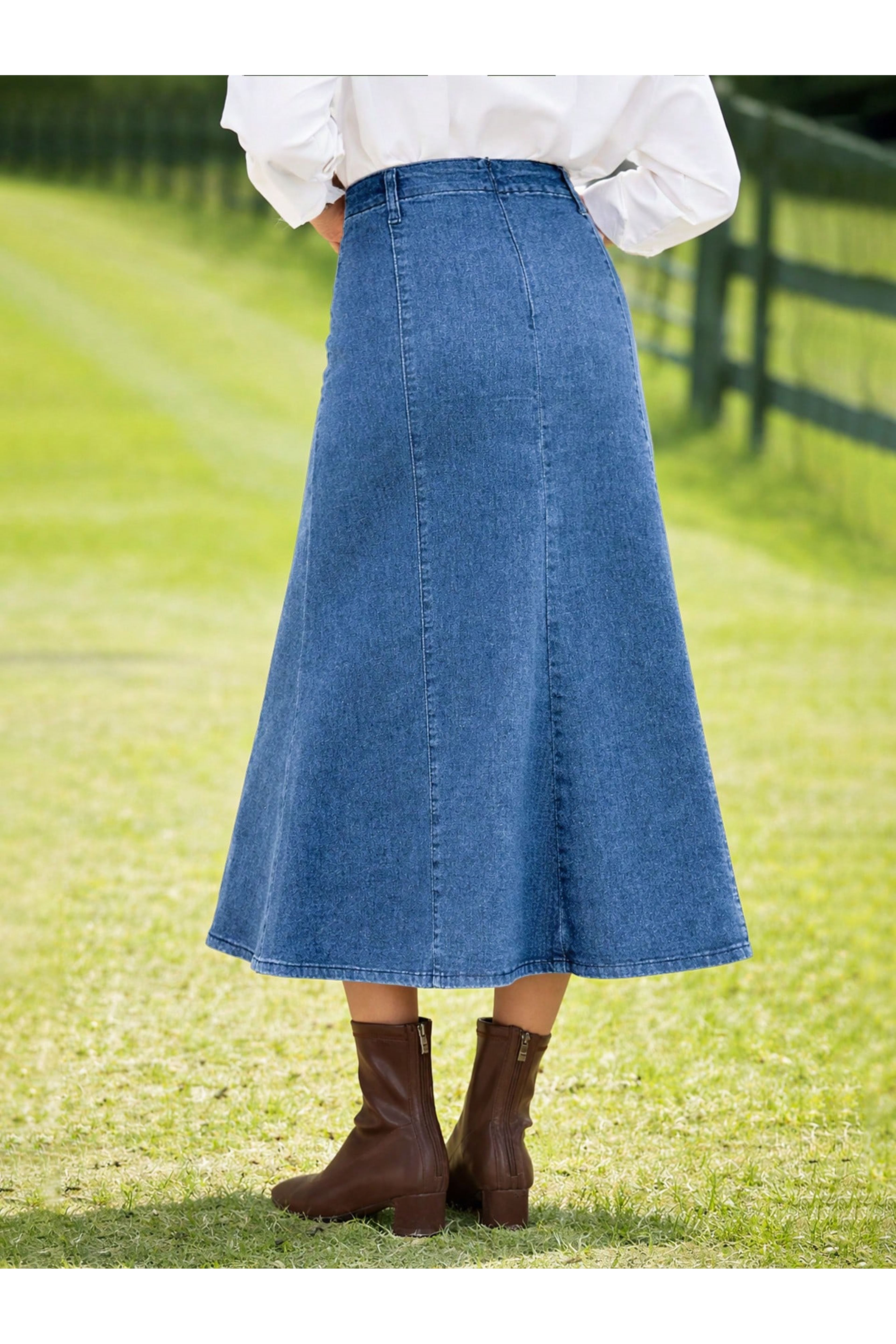 KADIN YÜKSEK BEL DENİM UZUN ETEK- AÇIK MAVİ