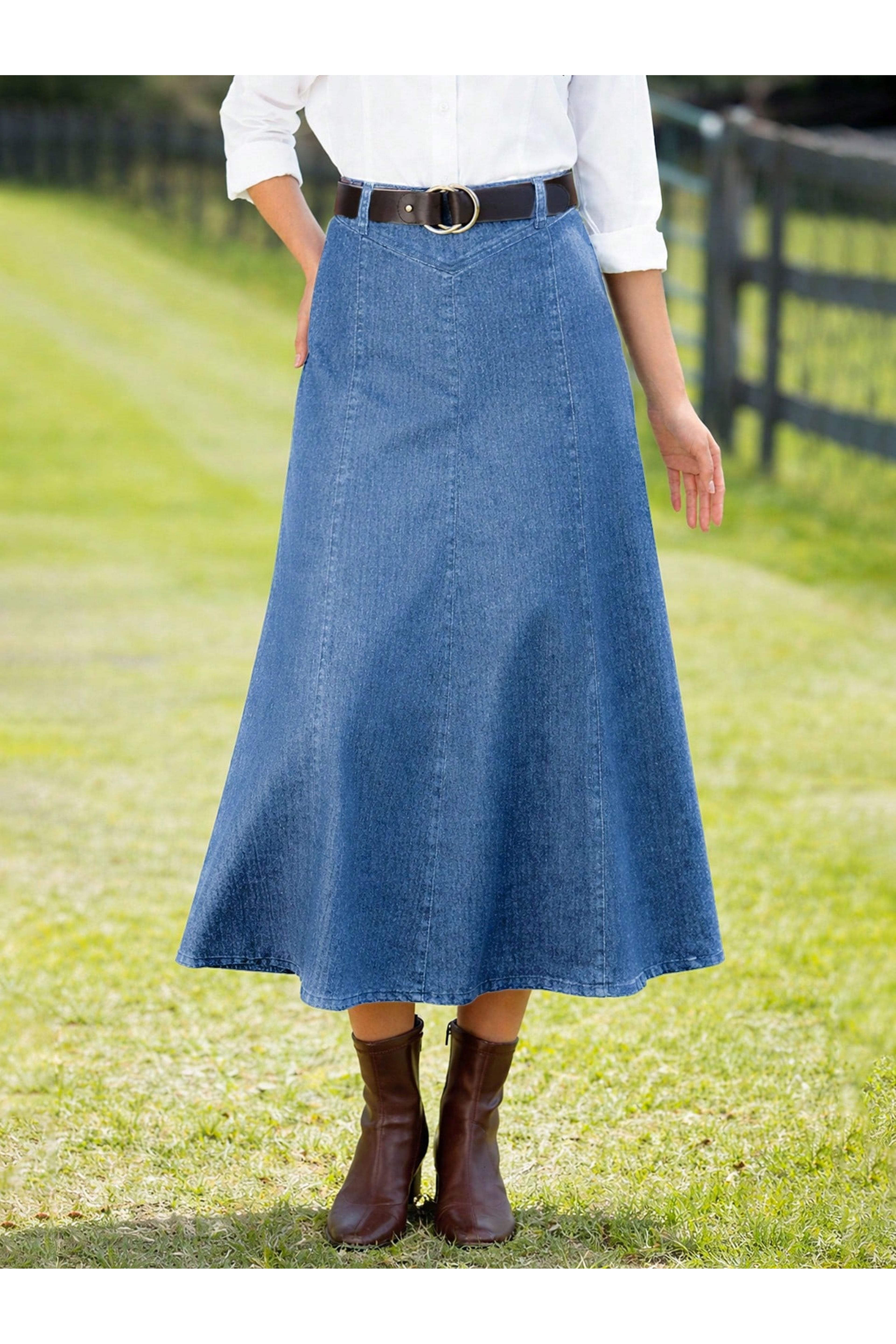 KADIN YÜKSEK BEL DENİM UZUN ETEK- AÇIK MAVİ