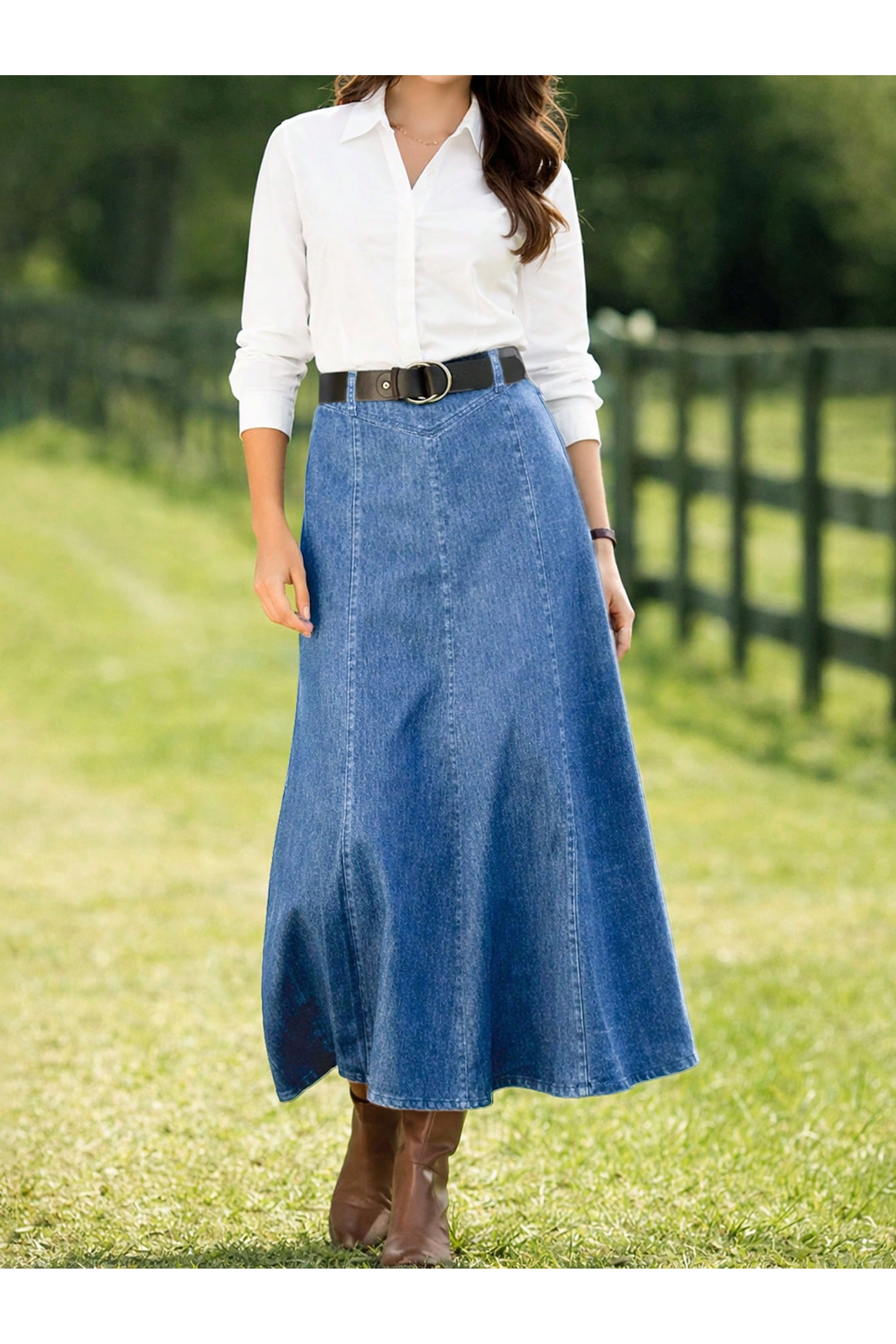 KADIN YÜKSEK BEL DENİM UZUN ETEK- AÇIK MAVİ