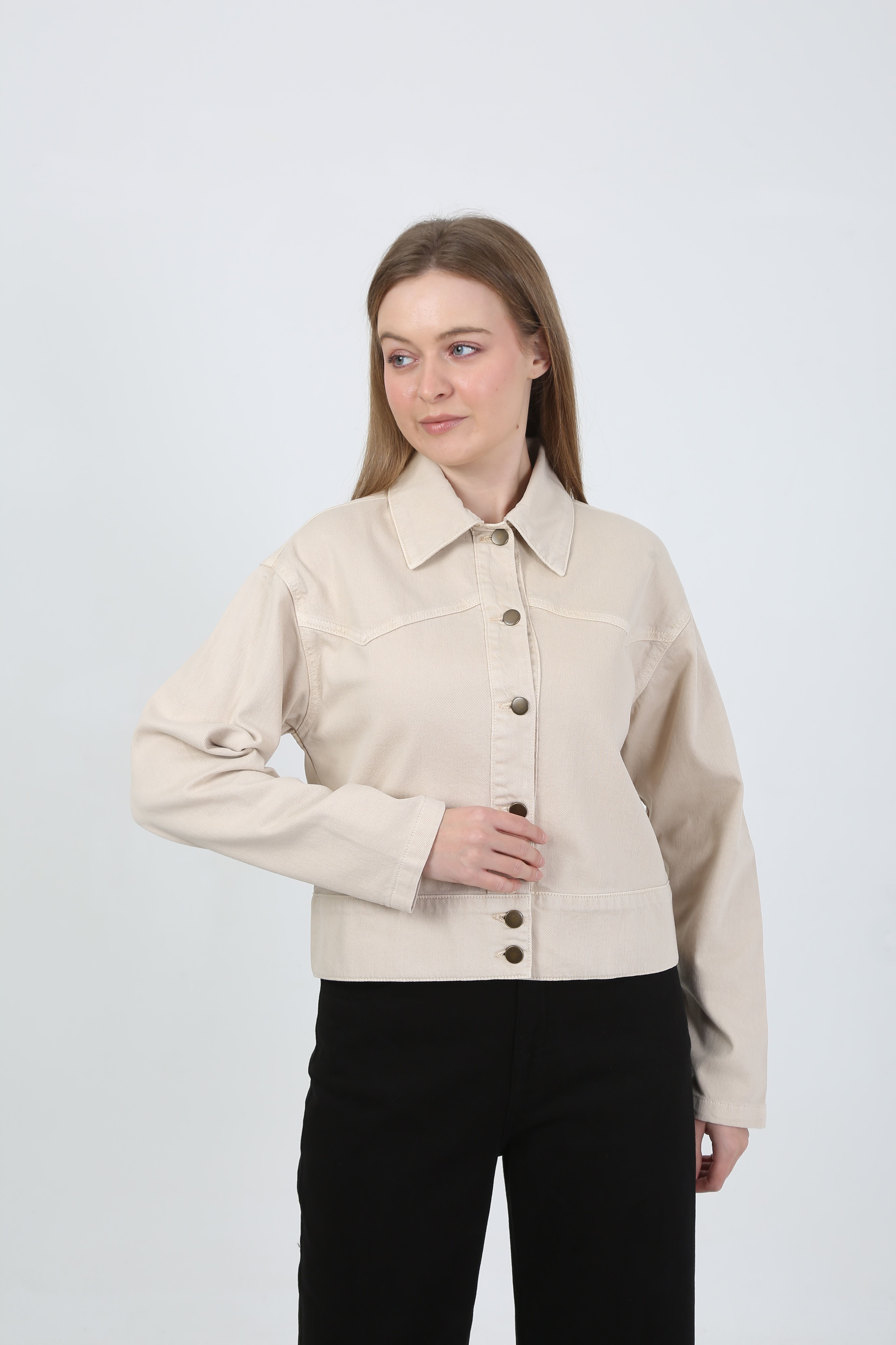 DÜĞMELİ JEAN CEKET- EKRU