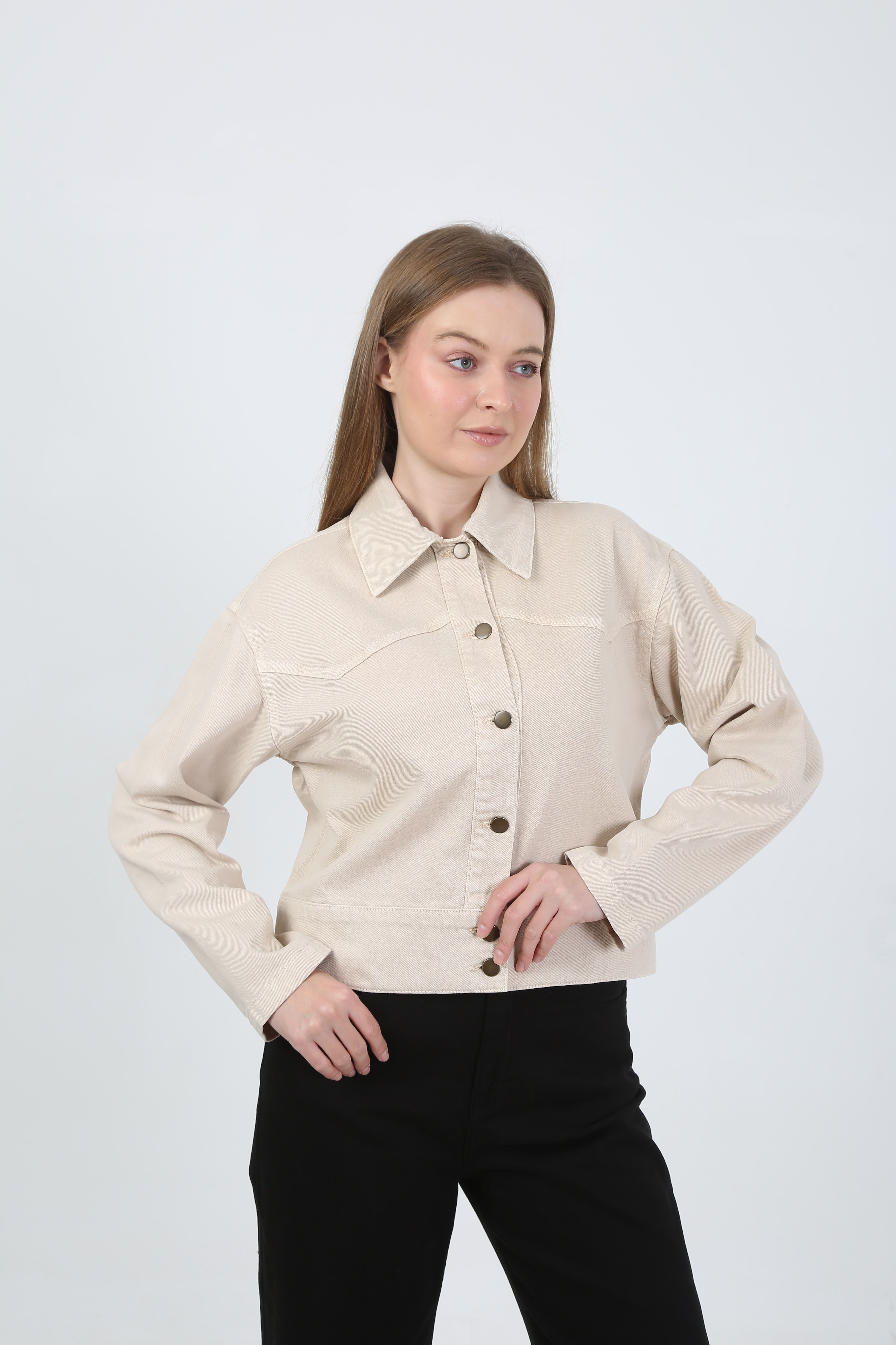 DÜĞMELİ JEAN CEKET- EKRU