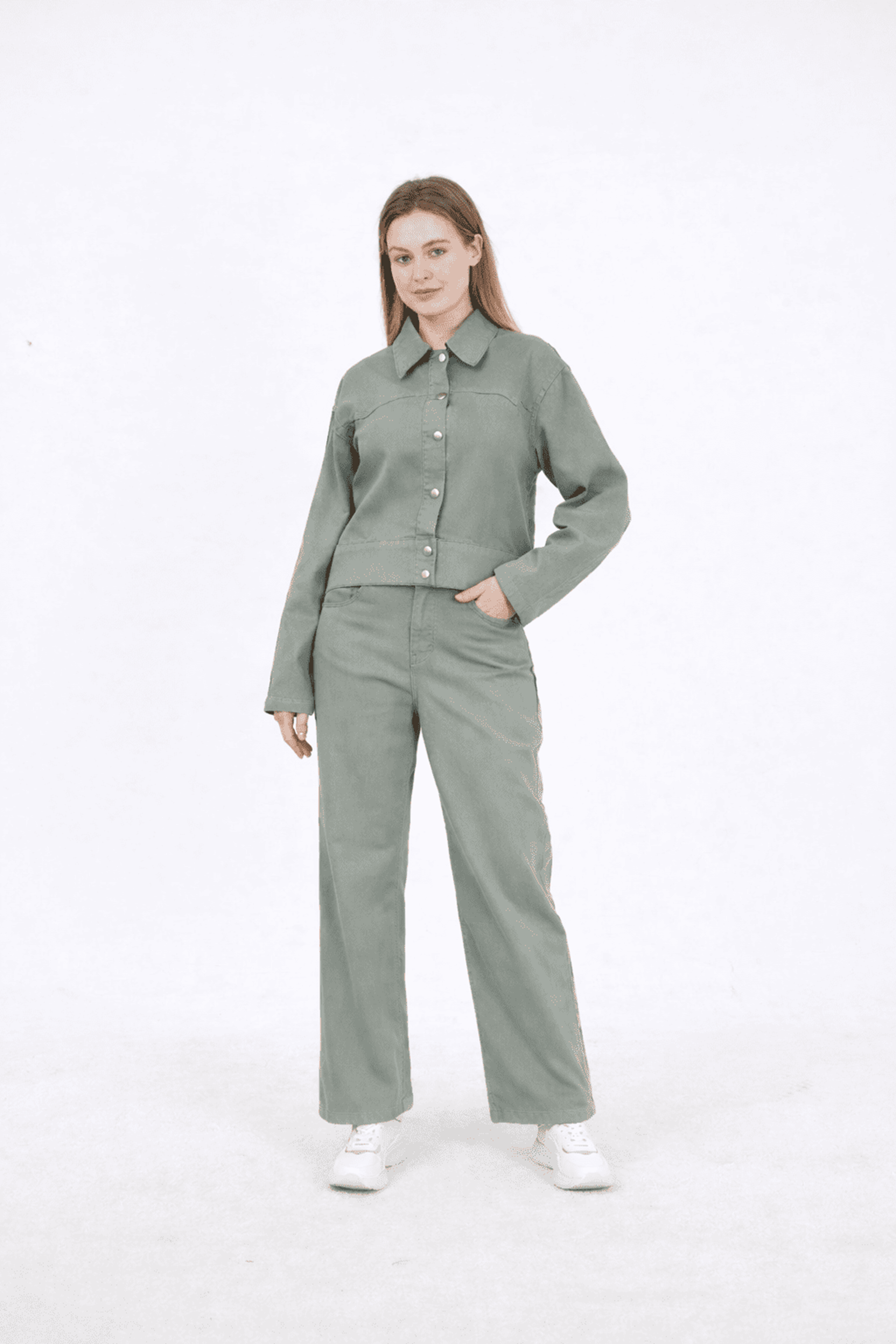 Elastic Waist Detail Jean Pants – Green