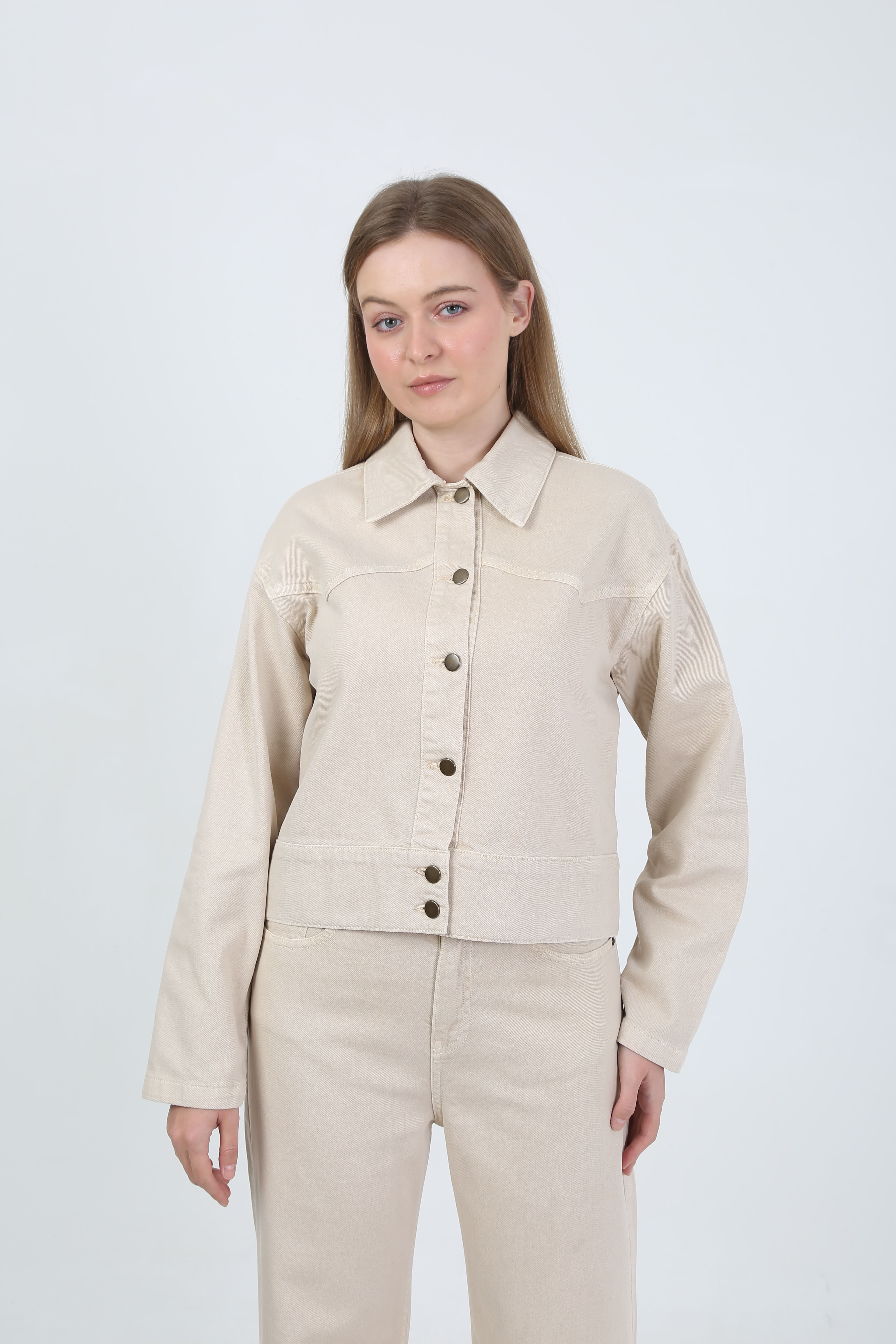 KADIN  JEAN PANTOLON VE CEKET TAKIM- EKRU