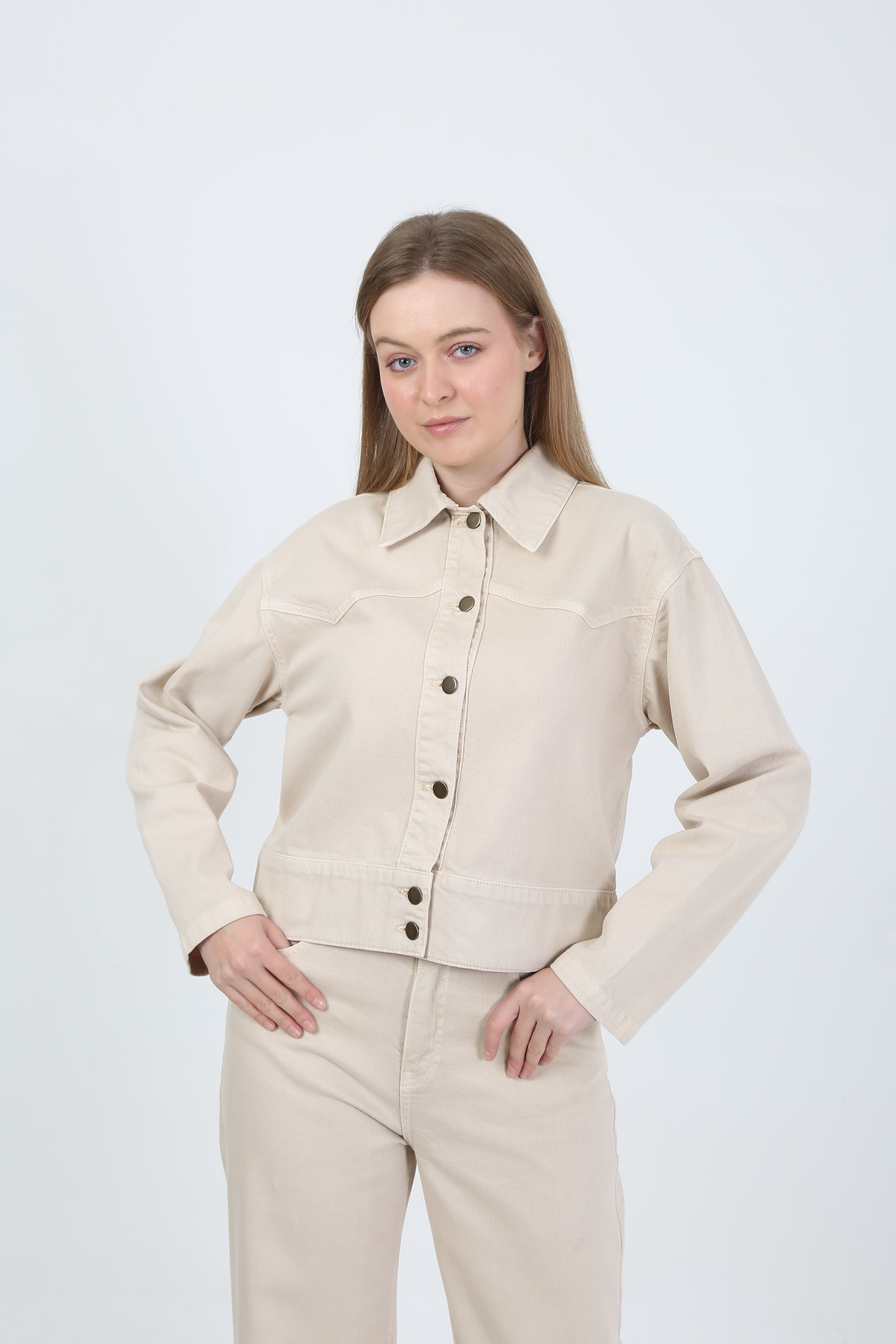 KADIN  JEAN PANTOLON VE CEKET TAKIM- EKRU