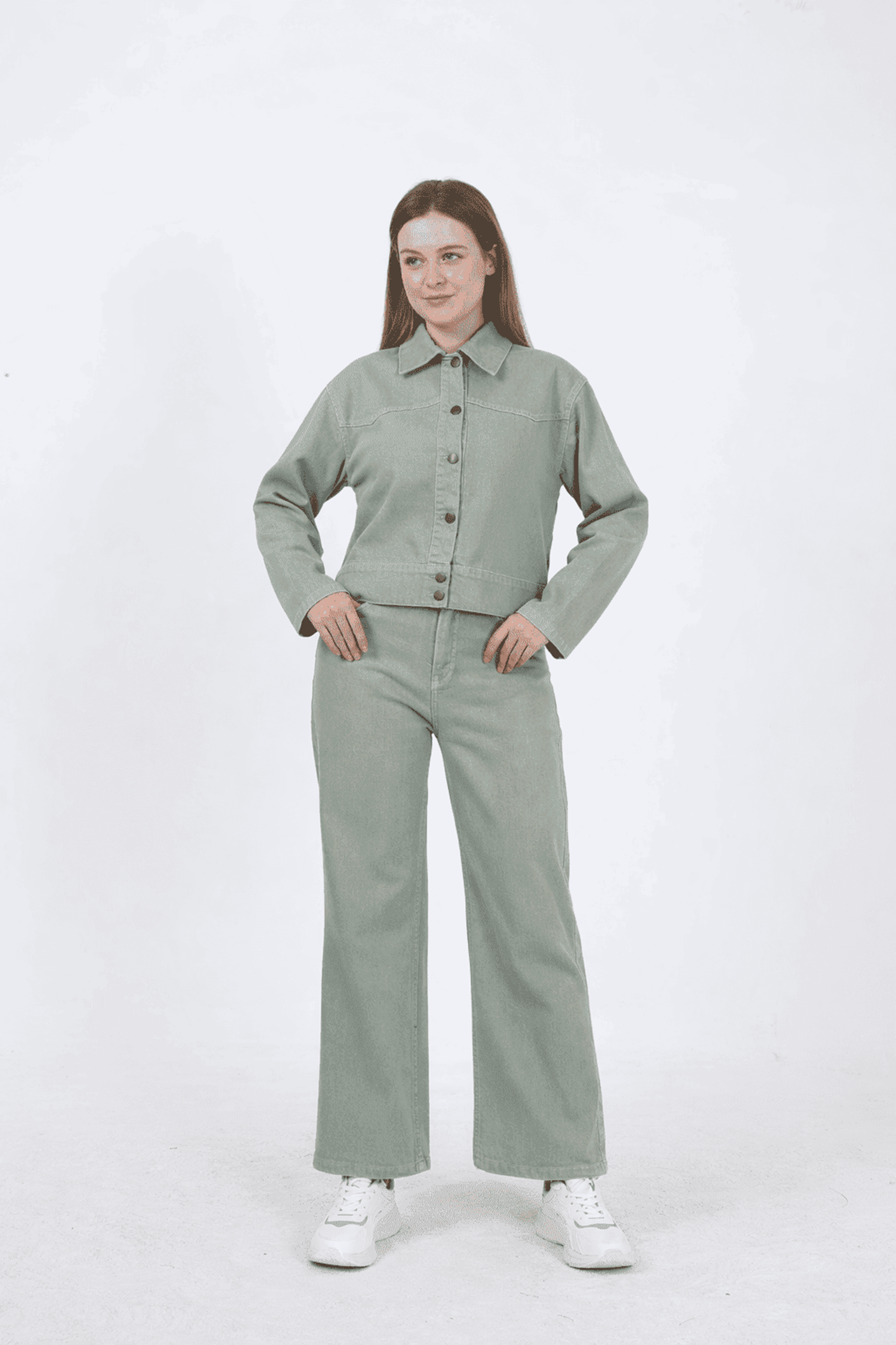 KADIN  JEAN PANTOLON VE CEKET TAKIM- YEŞİL