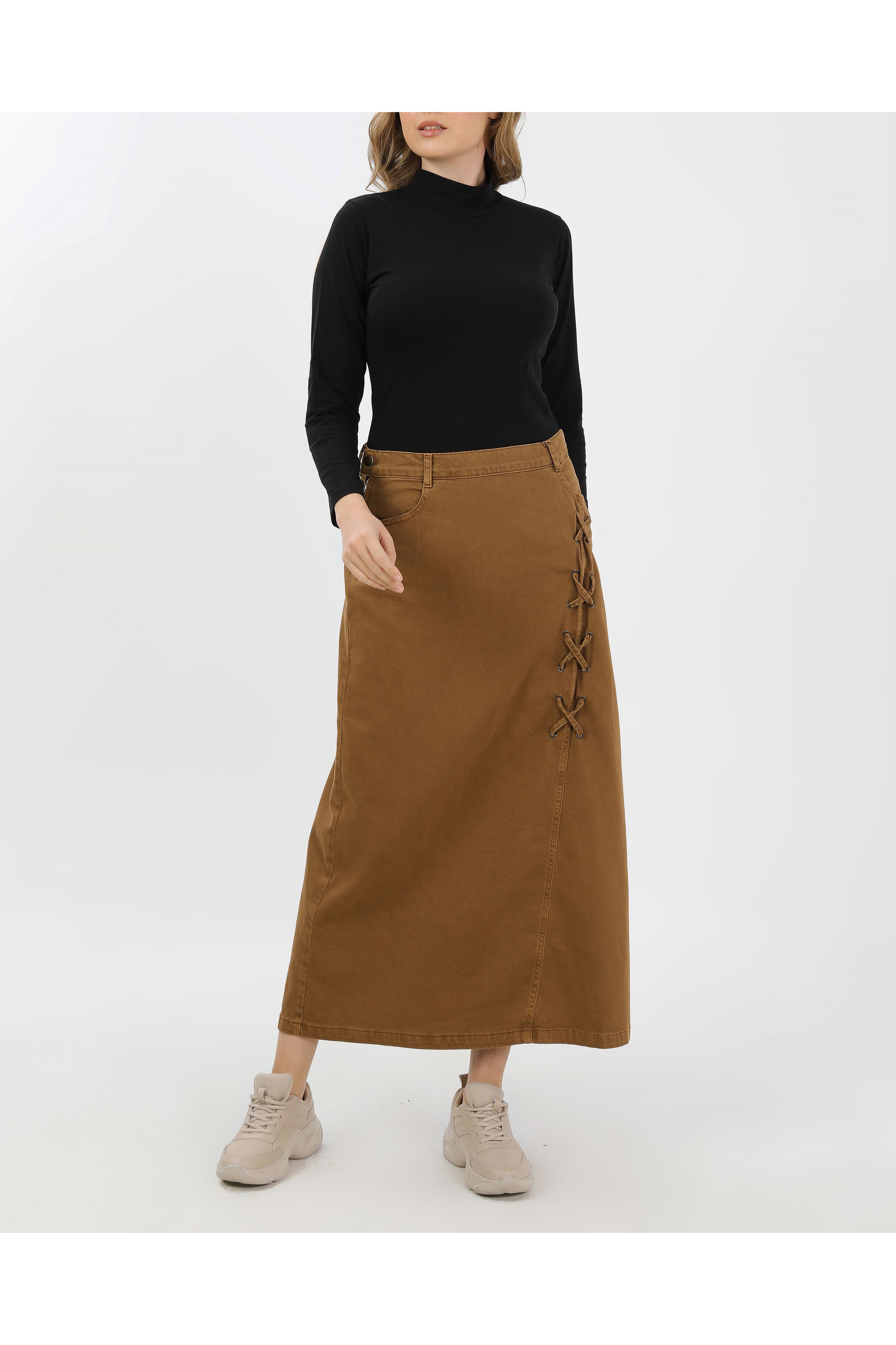 BAĞCIK DETAYLI DENİM ETEK- CAMEL