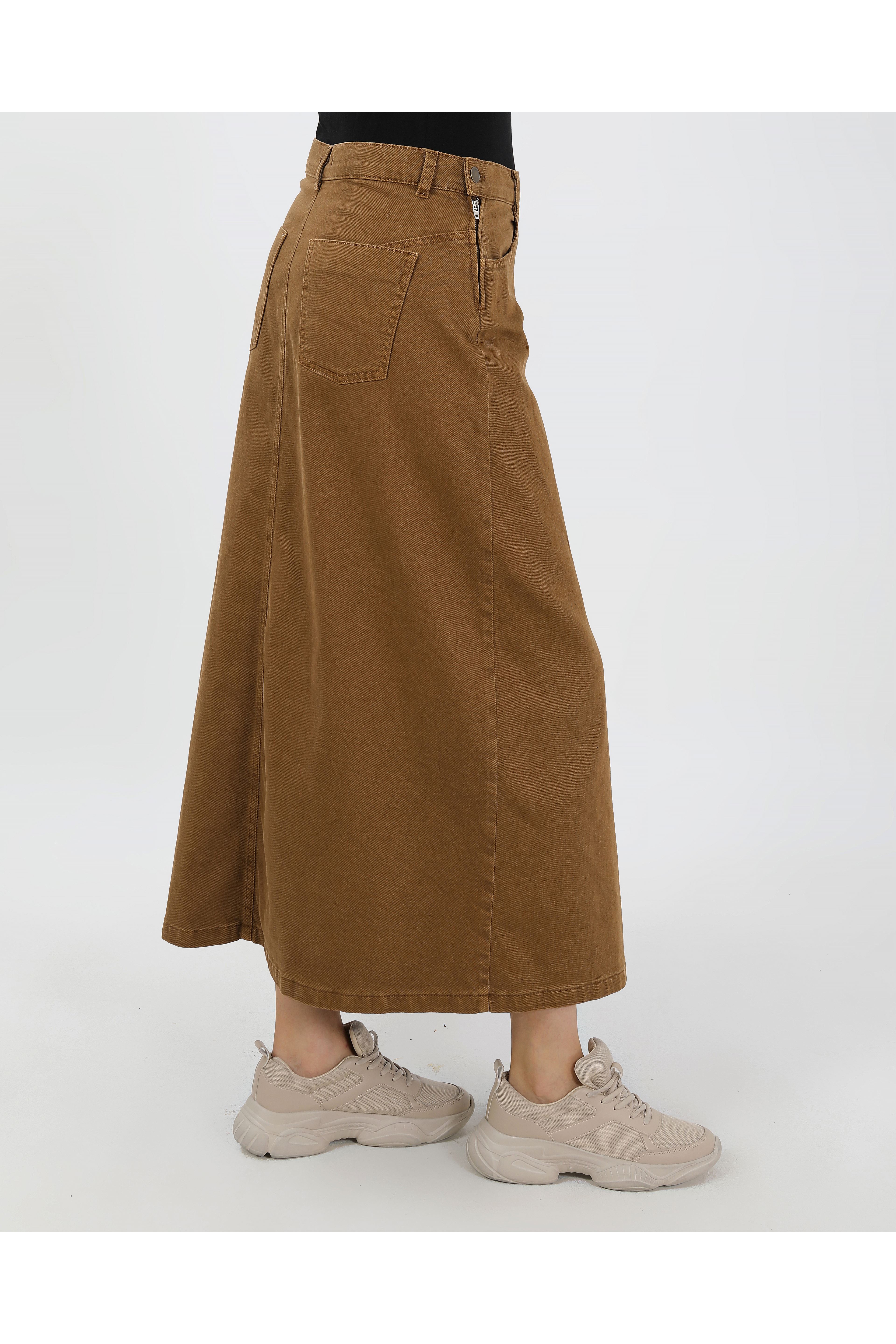 BAĞCIK DETAYLI DENİM ETEK- CAMEL