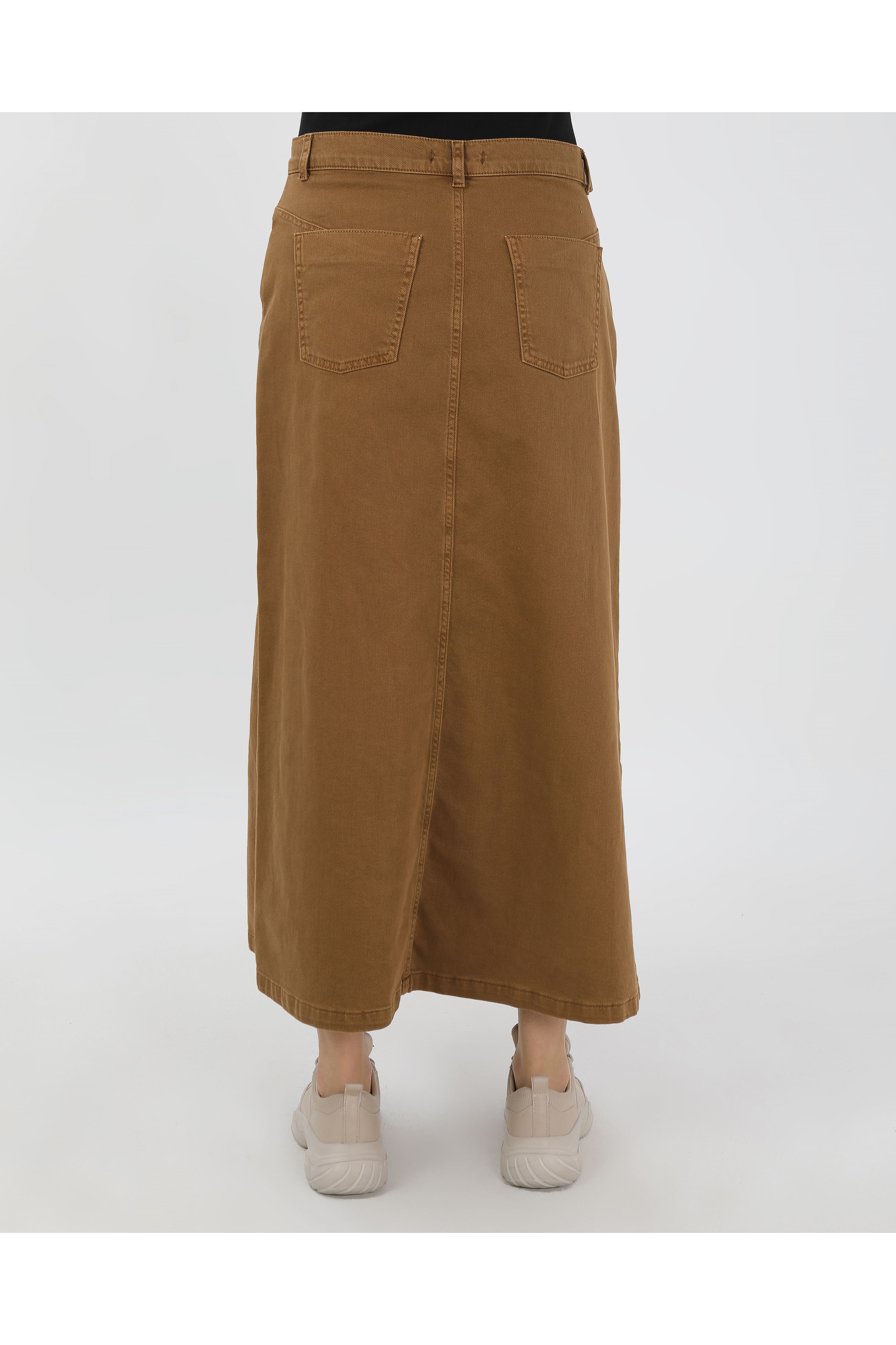 BAĞCIK DETAYLI DENİM ETEK- CAMEL