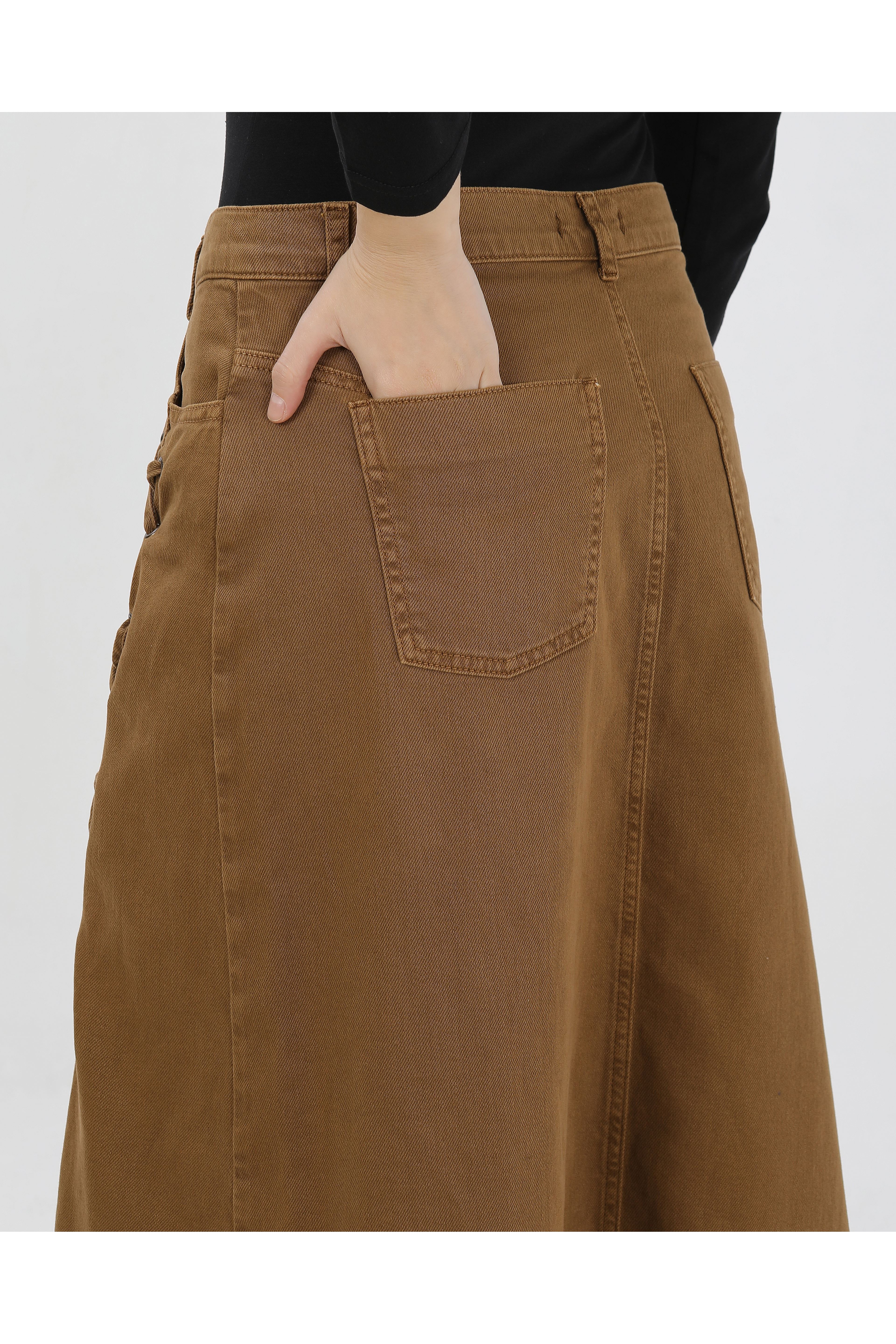 BAĞCIK DETAYLI DENİM ETEK- CAMEL