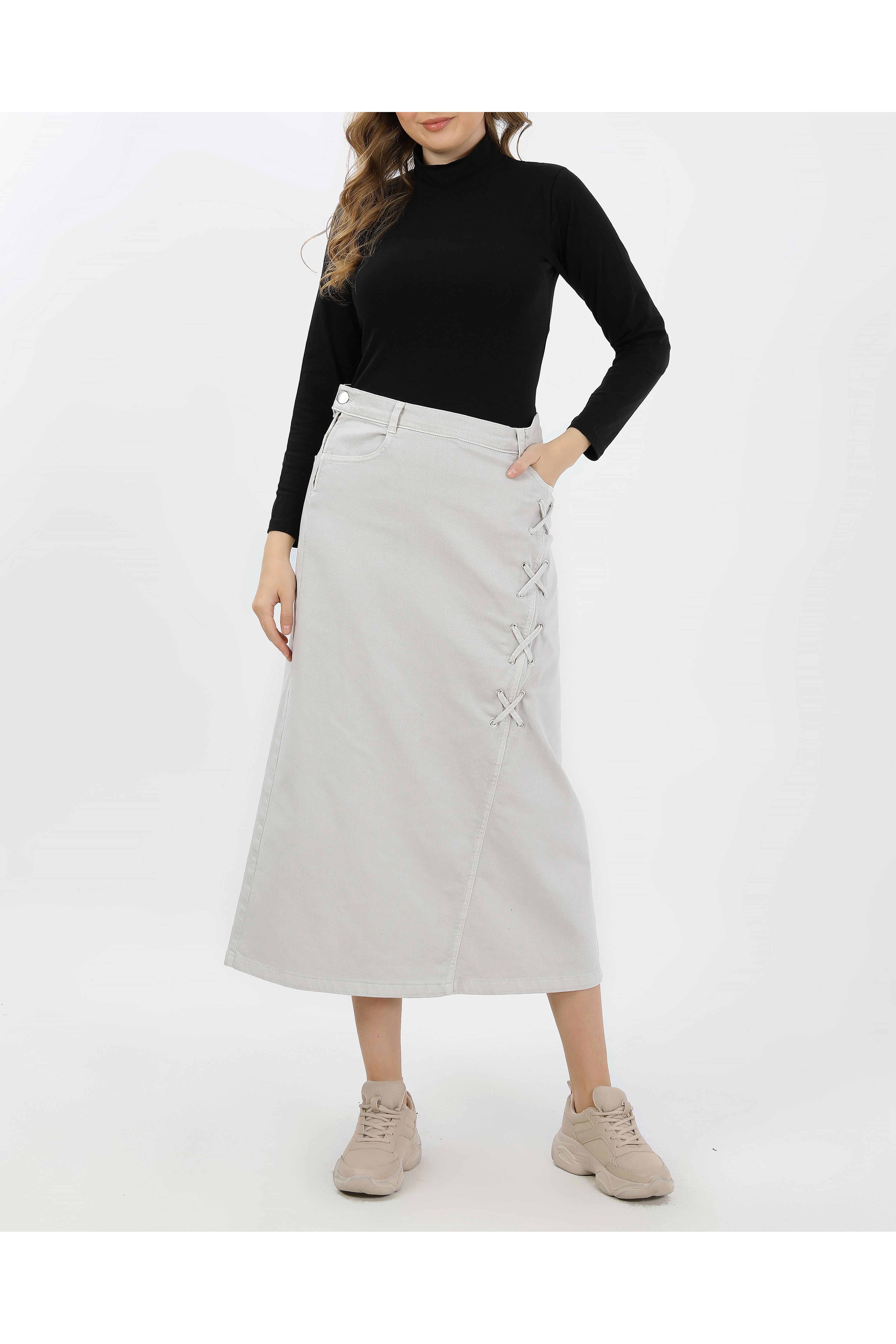 BAĞCIK DETAYLI DENİM ETEK- AÇIK FÜME