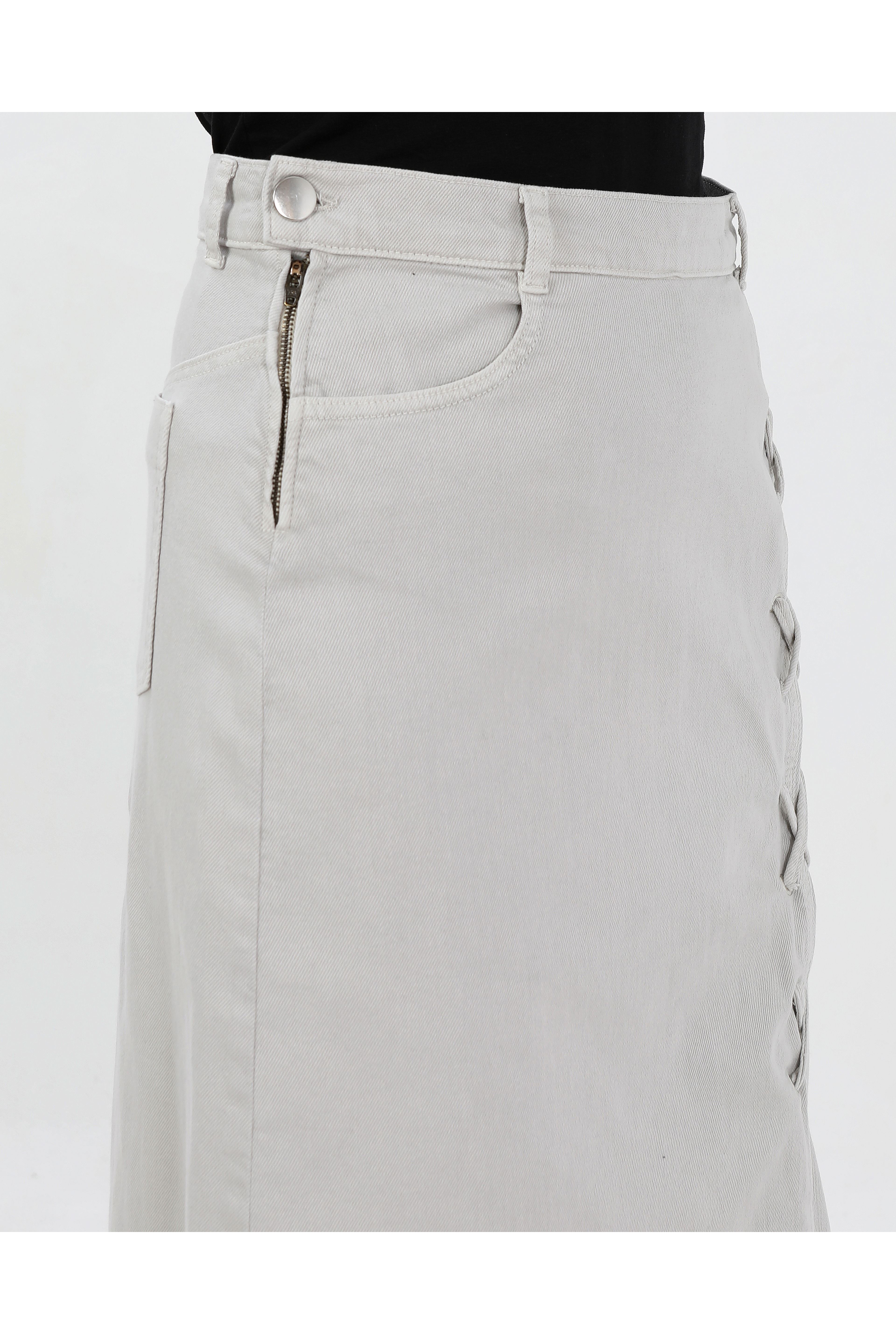 BAĞCIK DETAYLI DENİM ETEK- AÇIK FÜME