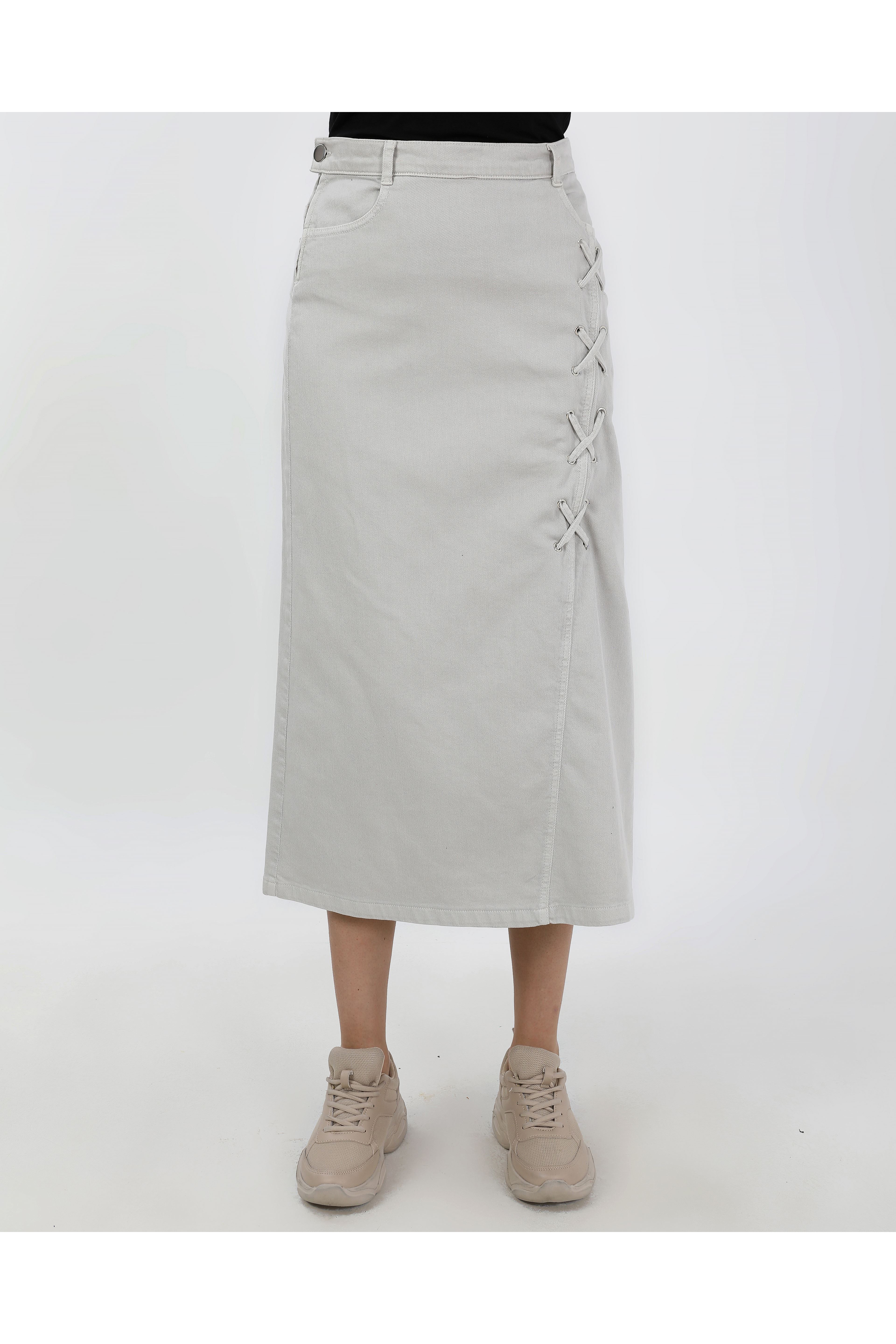 BAĞCIK DETAYLI DENİM ETEK- AÇIK FÜME